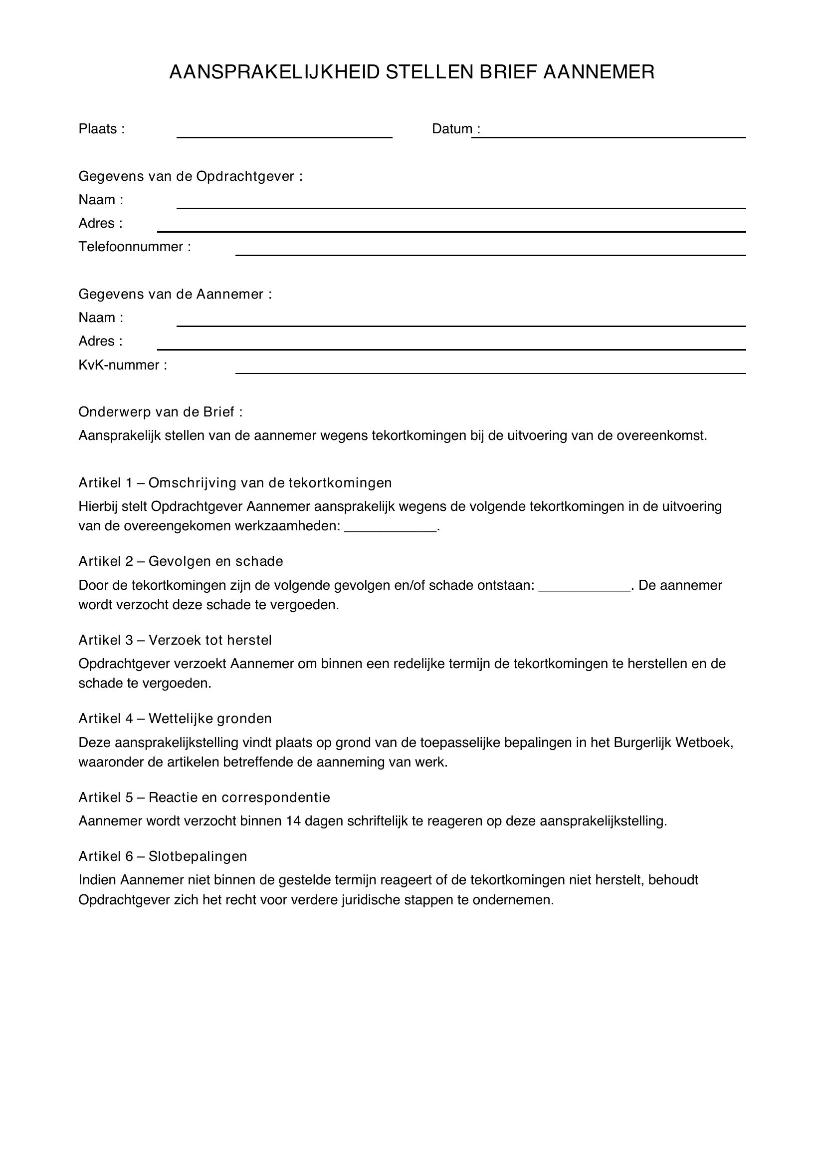 Aannemer Aansprakelijk Stellen Voorbeeldbrief