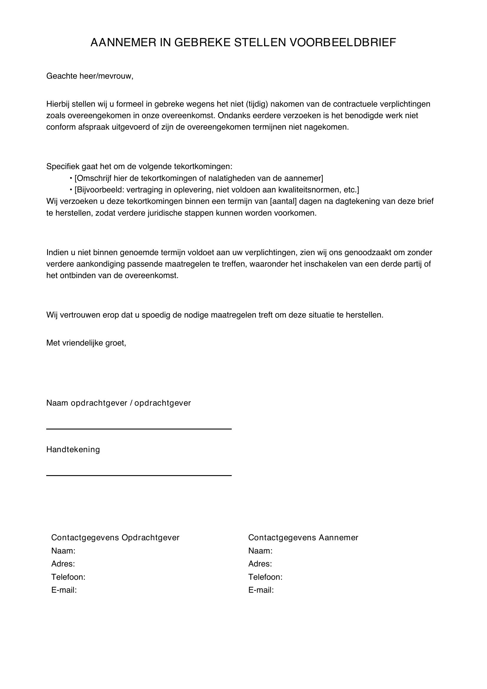 Aannemer In Gebreke Stellen Voorbeeldbrief
