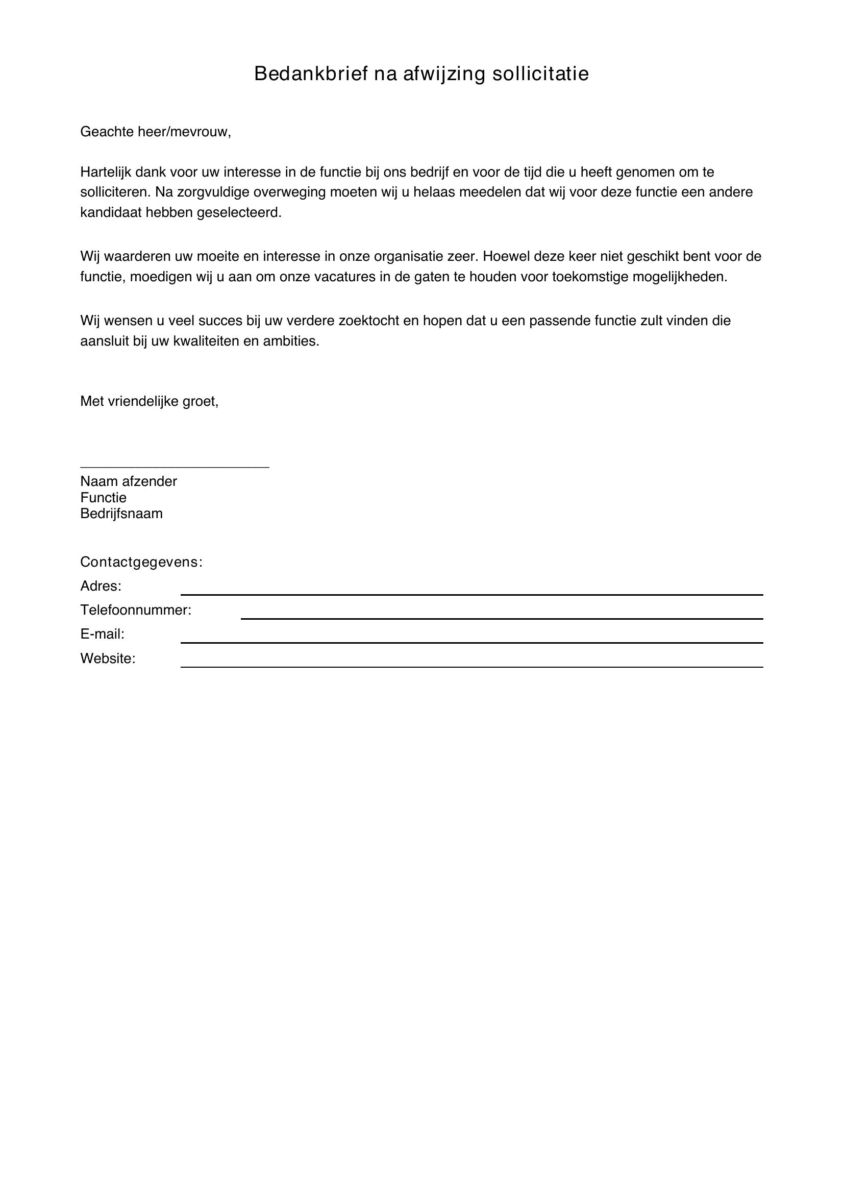 Bedankbrief Na Afwijzing Sollicitatie Voorbeeld