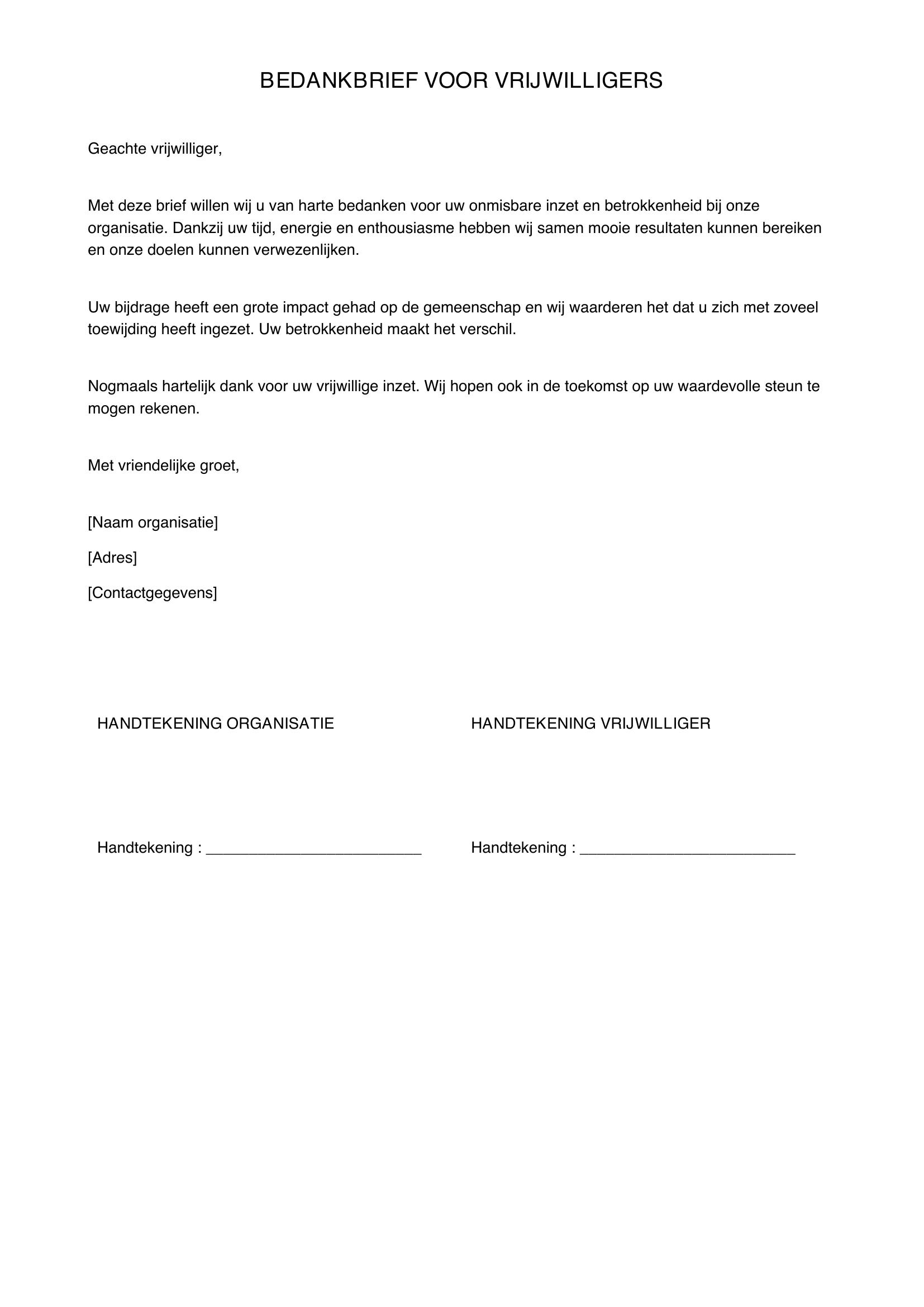 Bedankbrief Vrijwilligers Voorbeeld