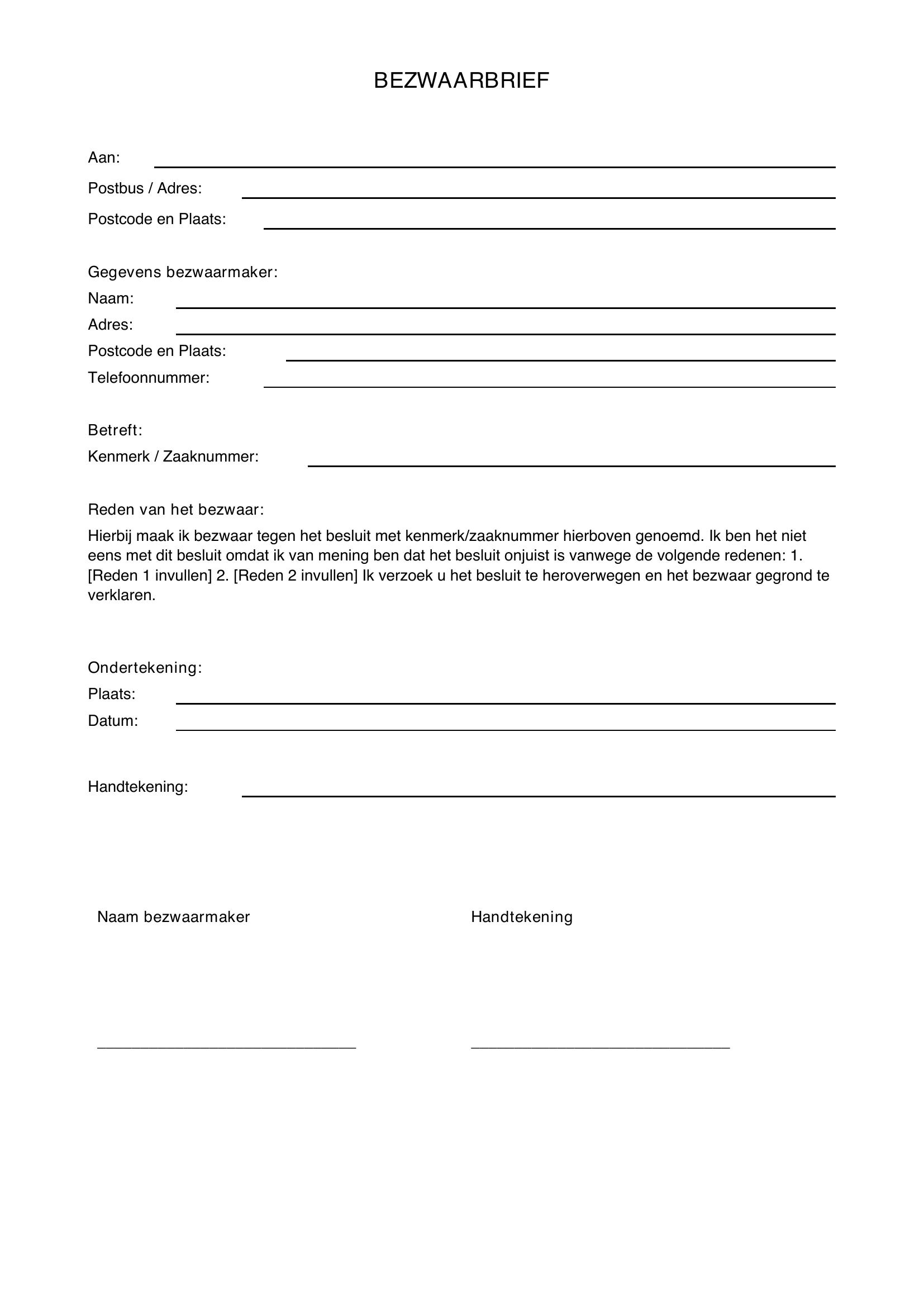 Bezwaar Brief Voorbeeld