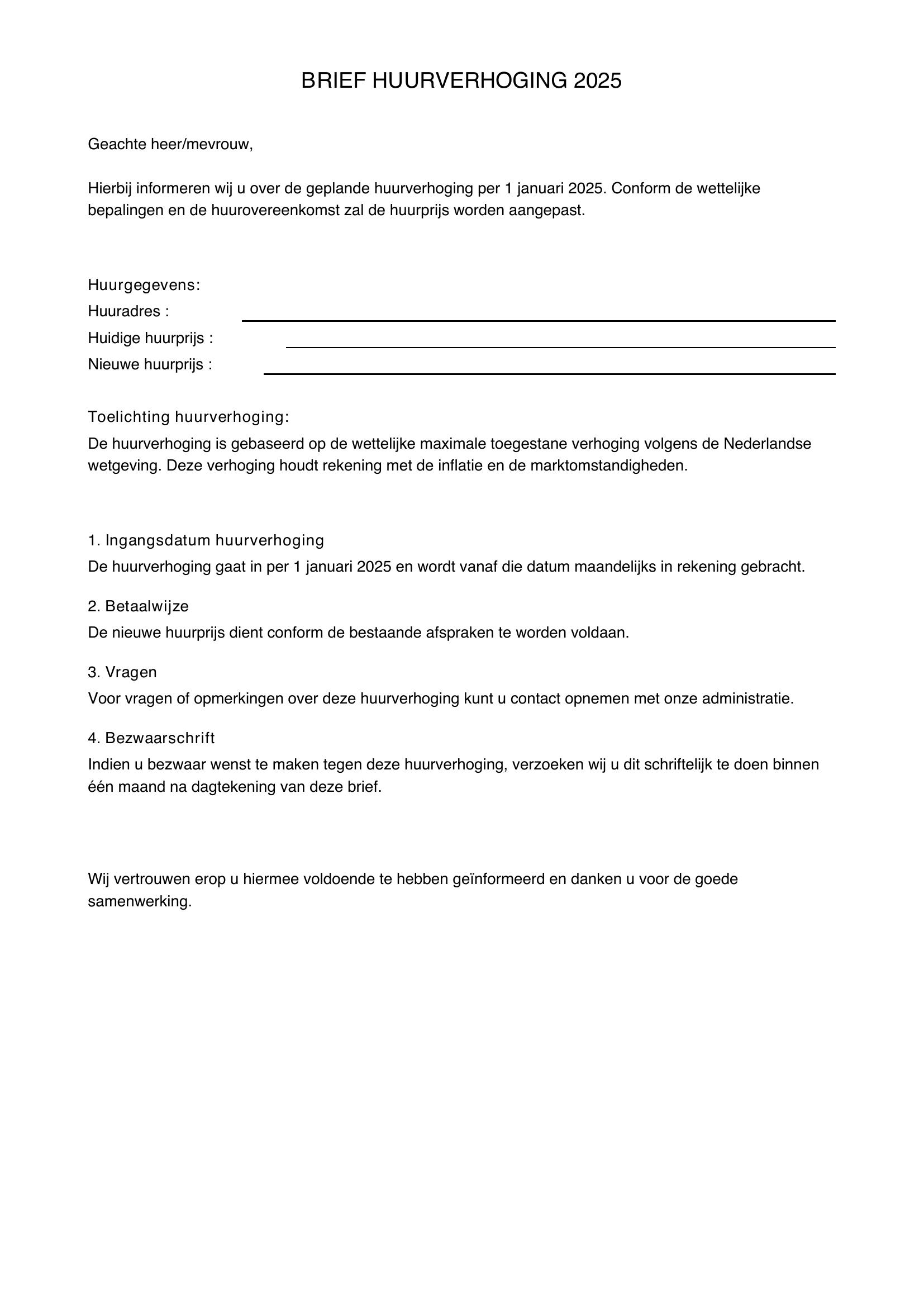 Brief Huurverhoging 2025