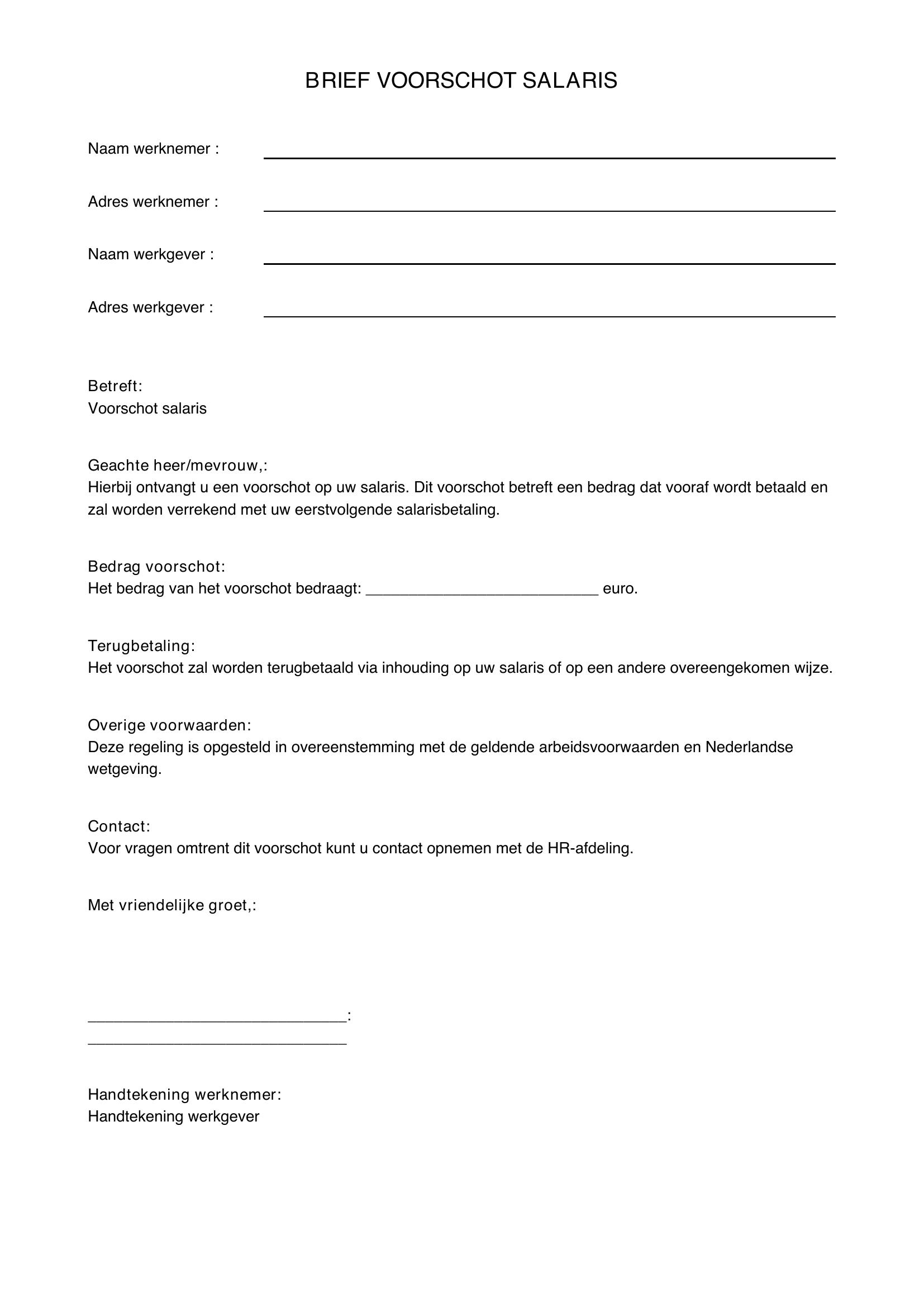 Brief Voorschot Salaris Voorbeeld