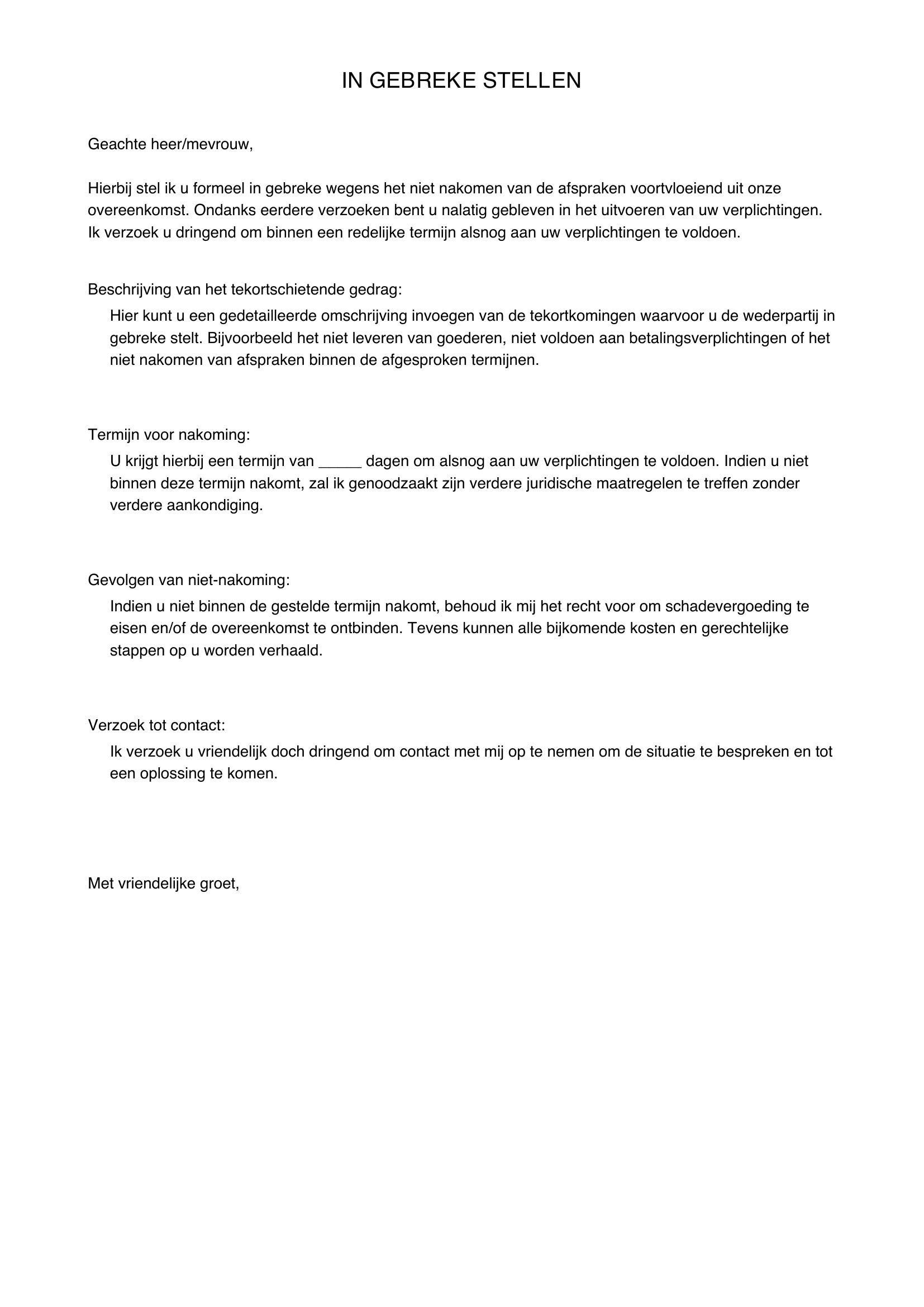 In Gebreke Stellen Voorbeeldbrief