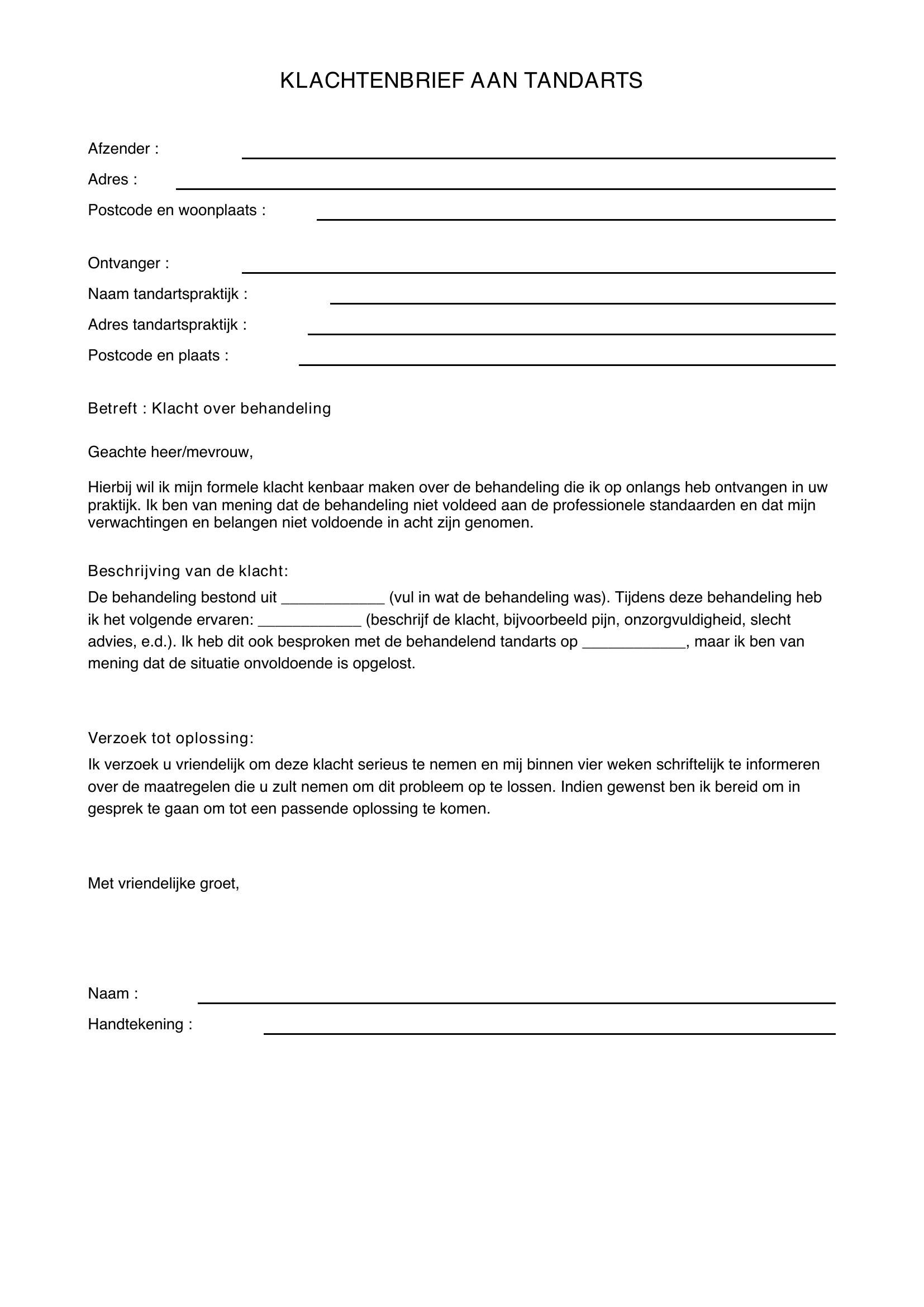 Klachtenbrief Tandarts Voorbeeld