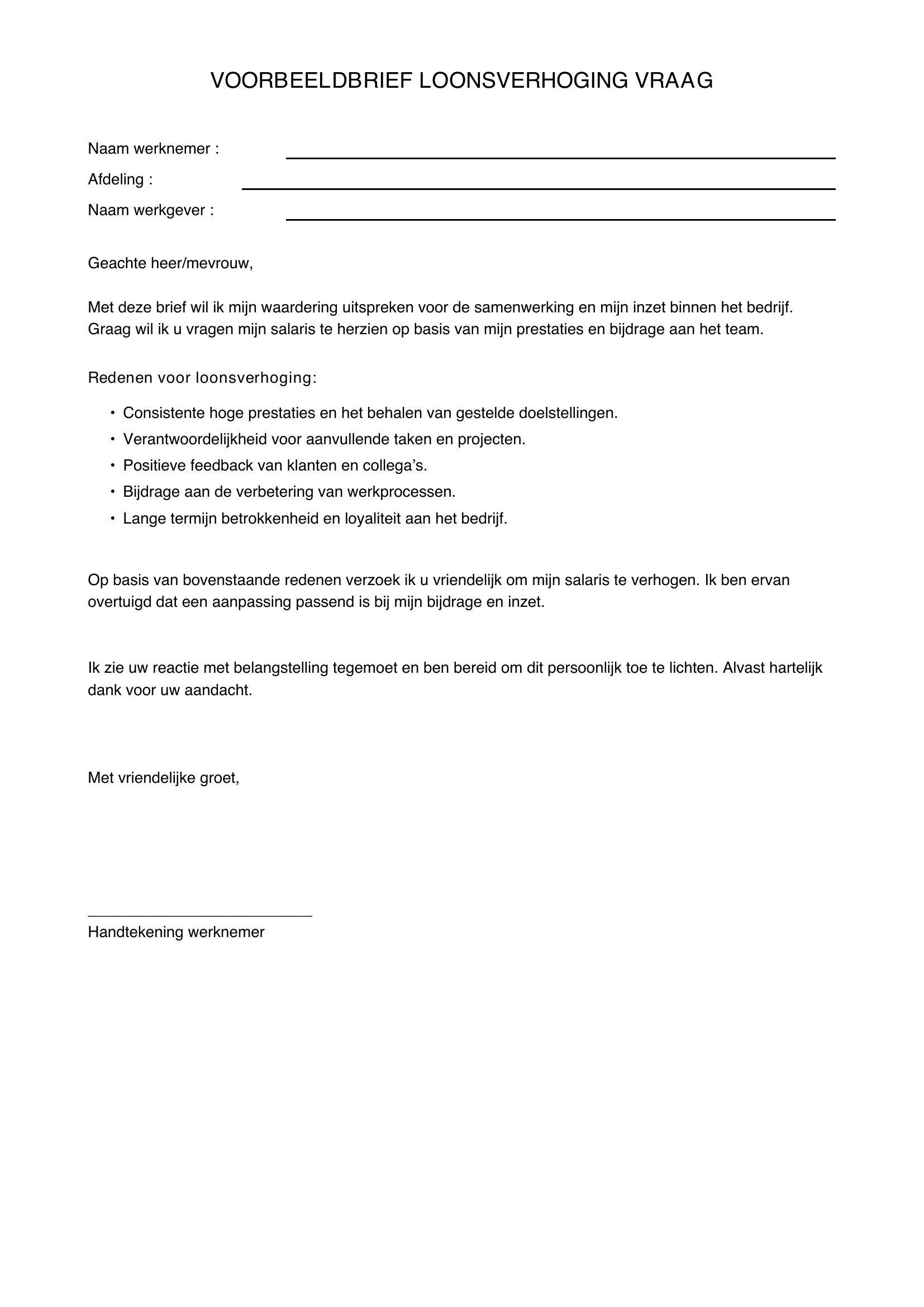 Loonsverhoging Vragen Voorbeeldbrief
