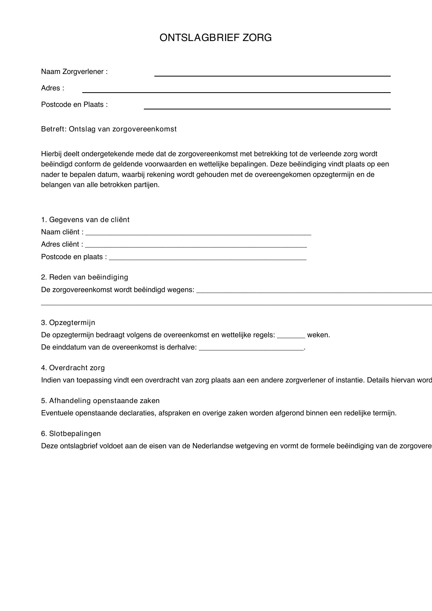 Ontslagbrief Zorg Voorbeeld