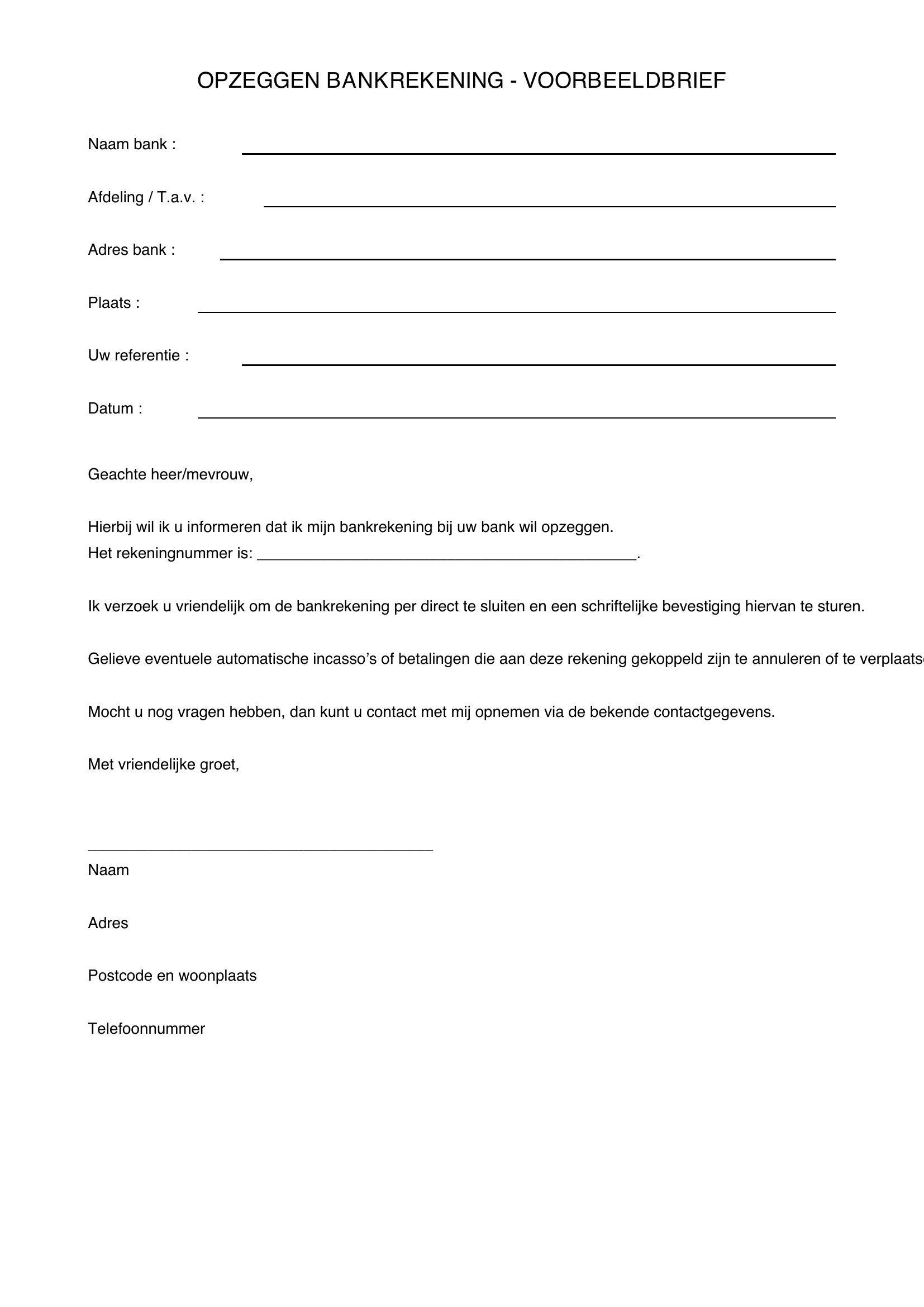 Opzeggen Bankrekening Voorbeeldbrief