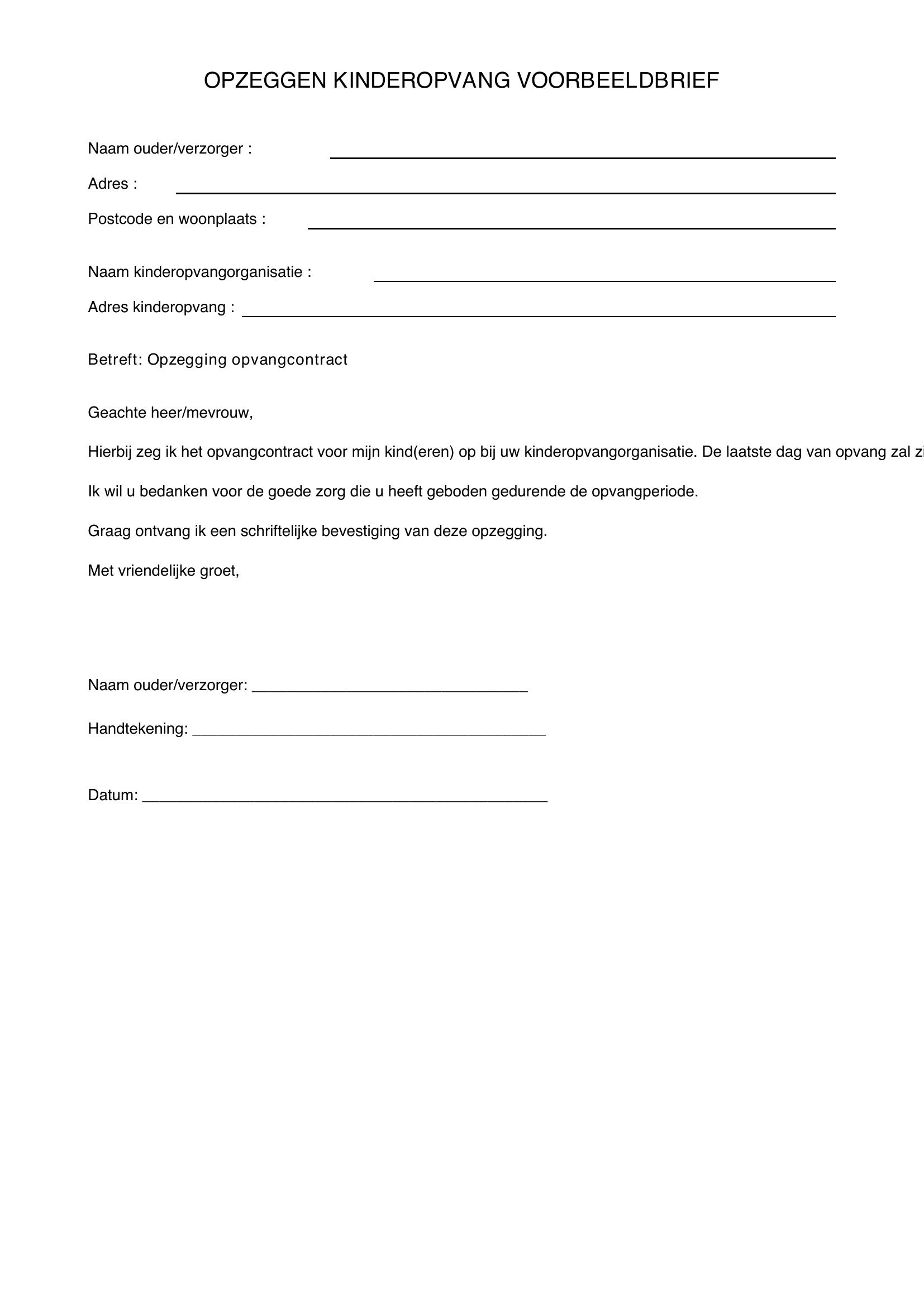 Opzeggen Kinderopvang Voorbeeldbrief