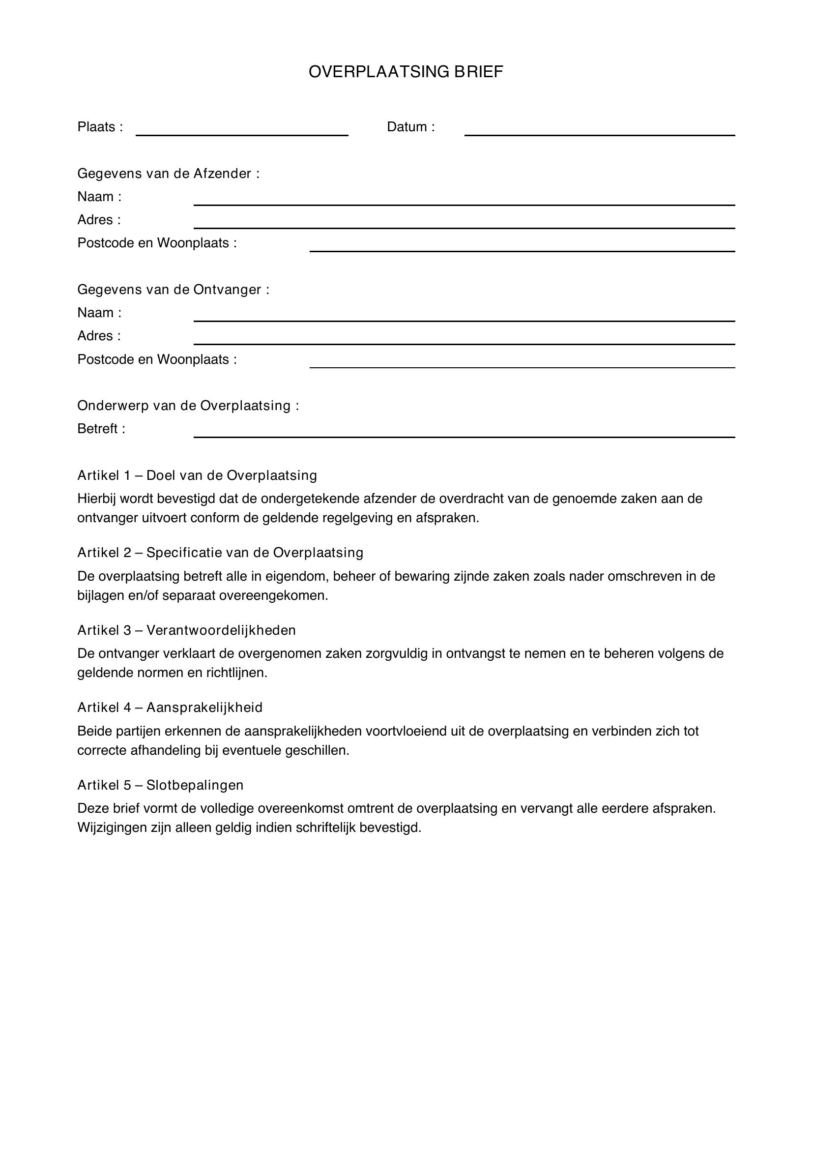 Overplaatsing Brief Voorbeeld