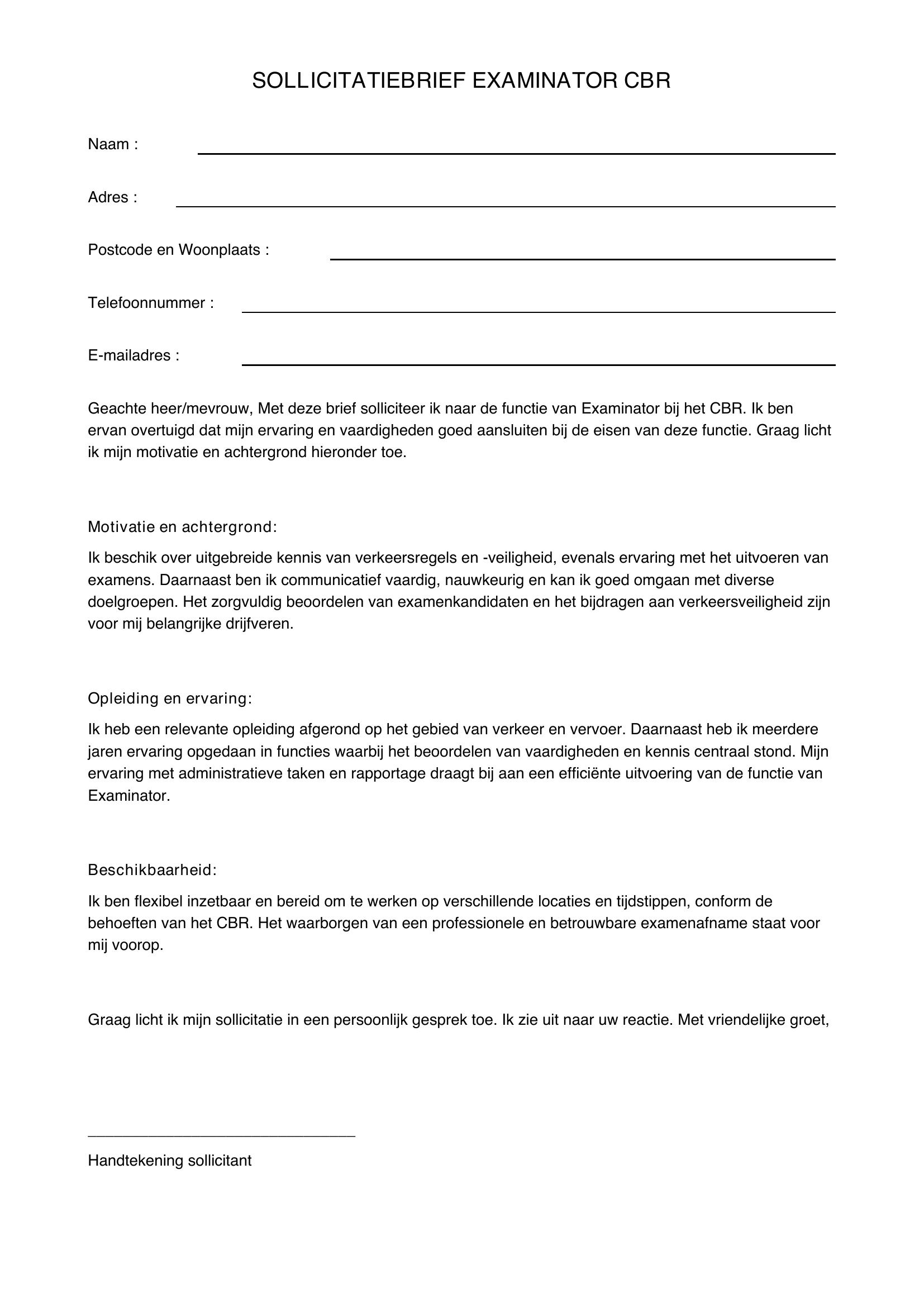 Sollicitatiebrief Examinator Cbr