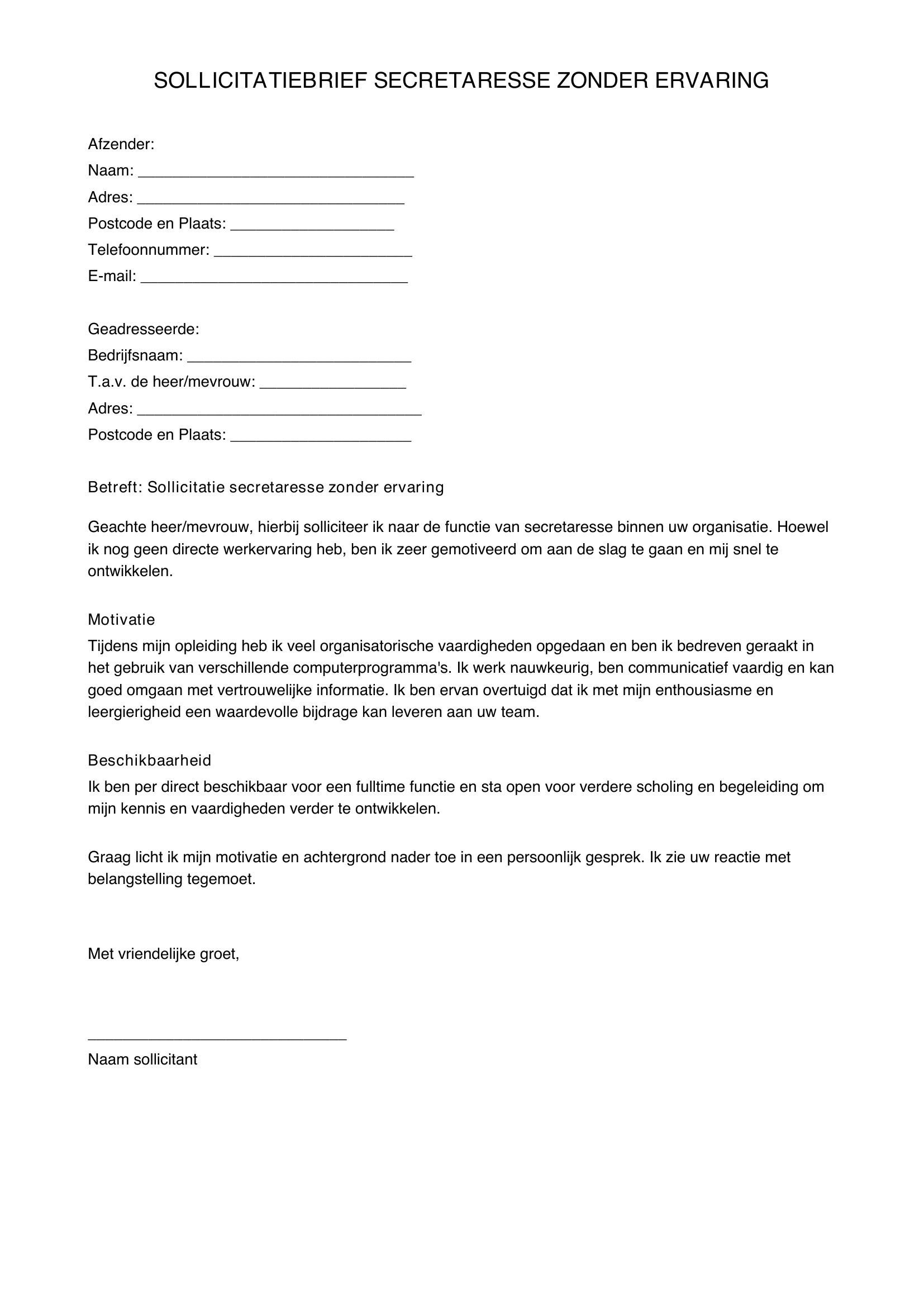 Sollicitatiebrief Secretaresse Zonder Ervaring