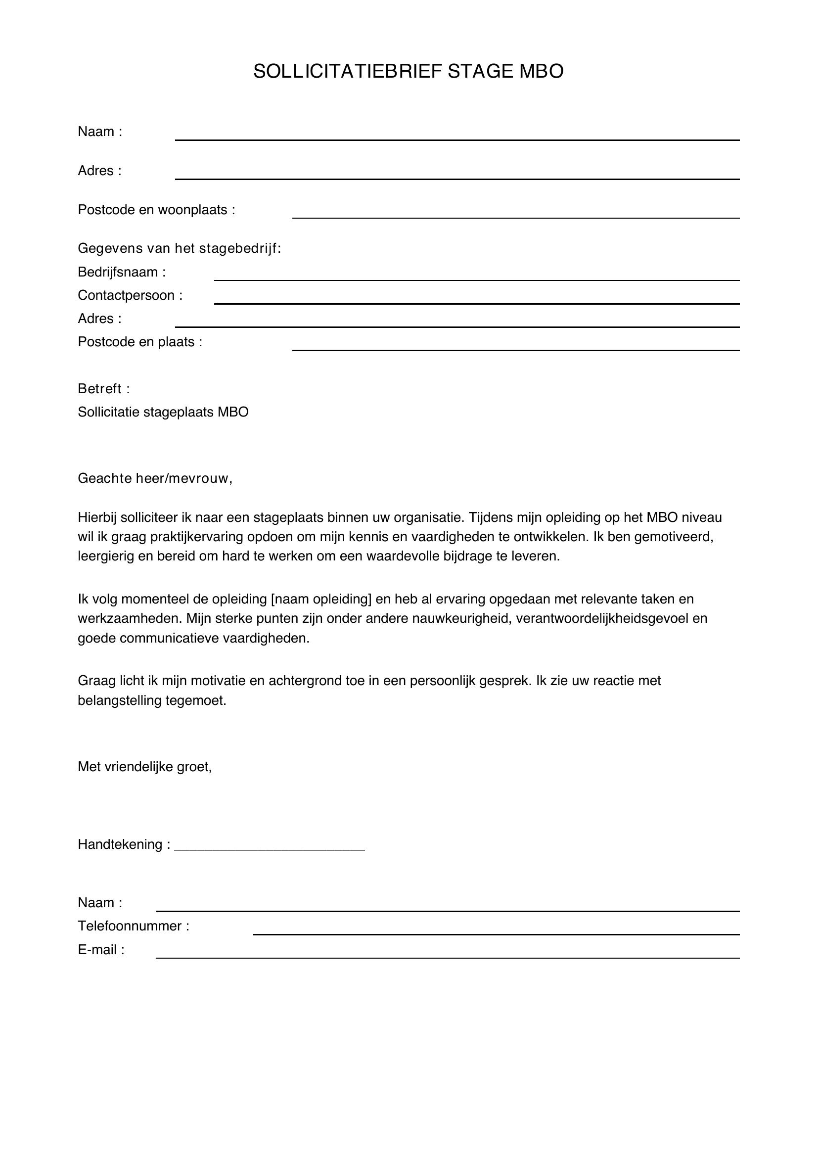 Sollicitatiebrief Stage Mbo