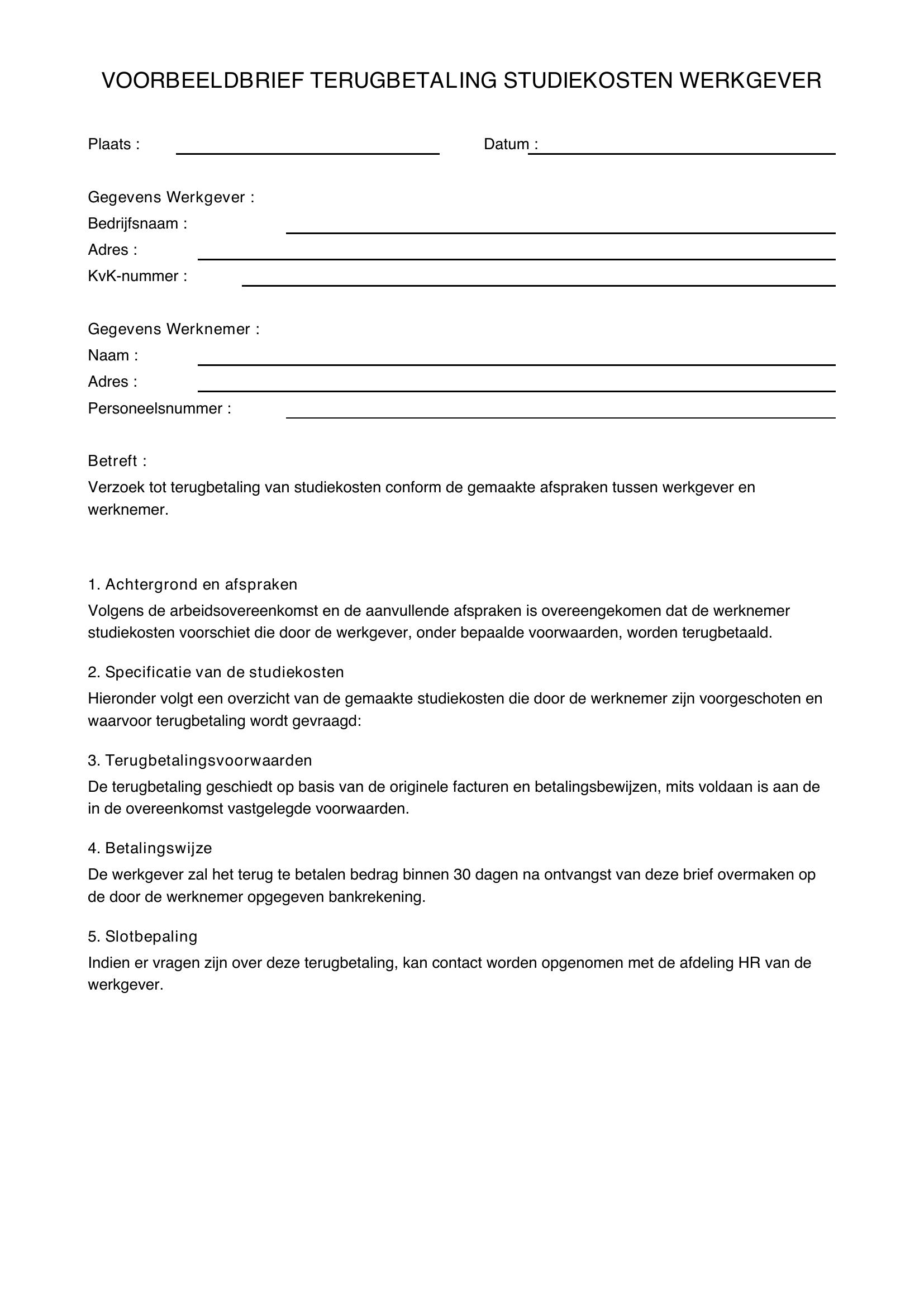 Terugbetaling Studiekosten Werkgever Voorbeeldbrief