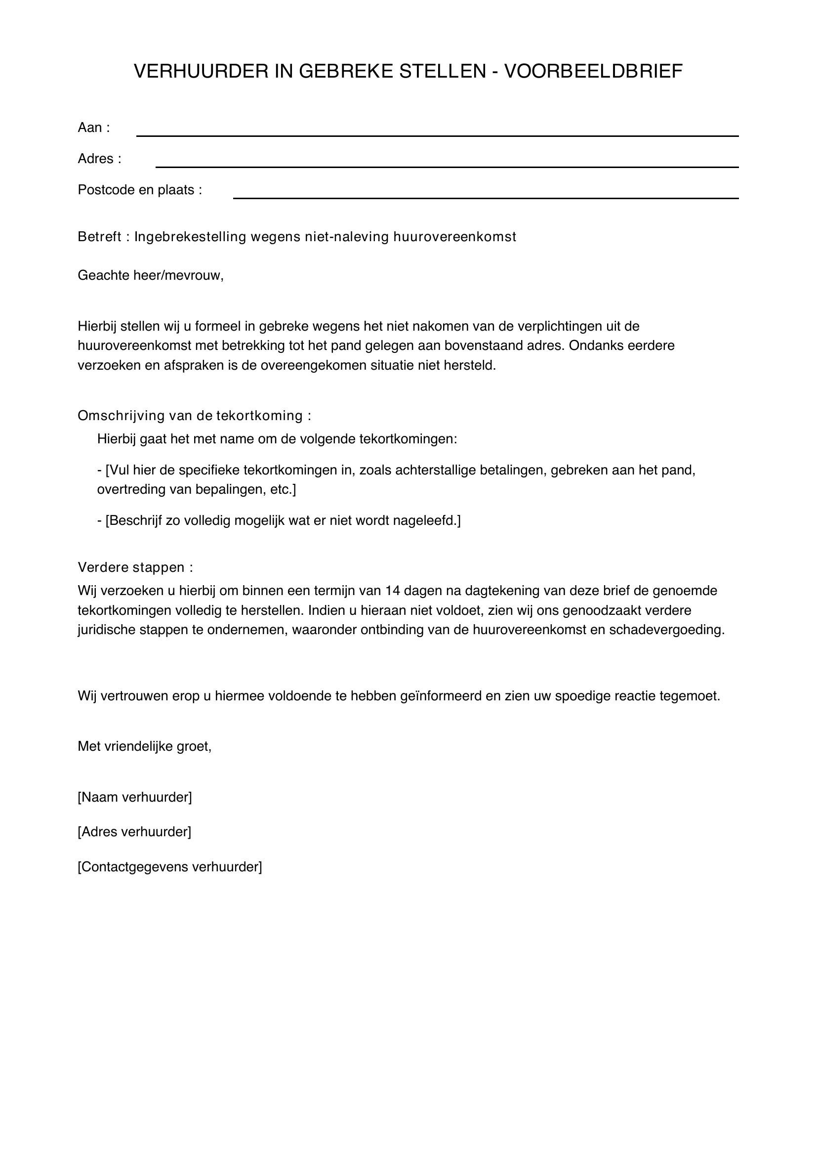 Verhuurder In Gebreke Stellen Voorbeeldbrief