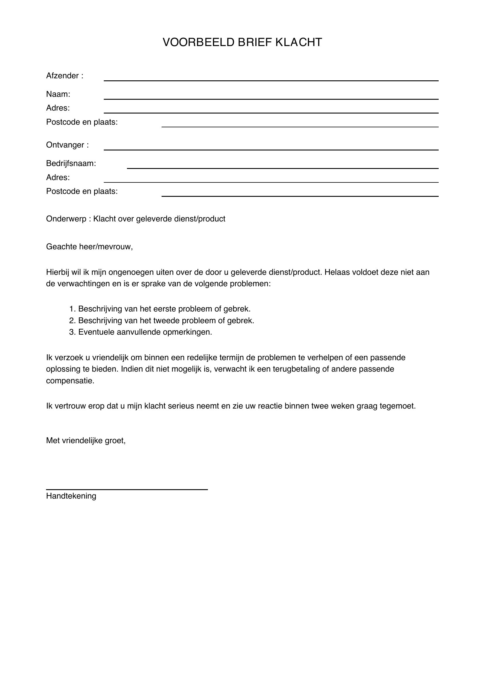 Voorbeeld Brief Klacht