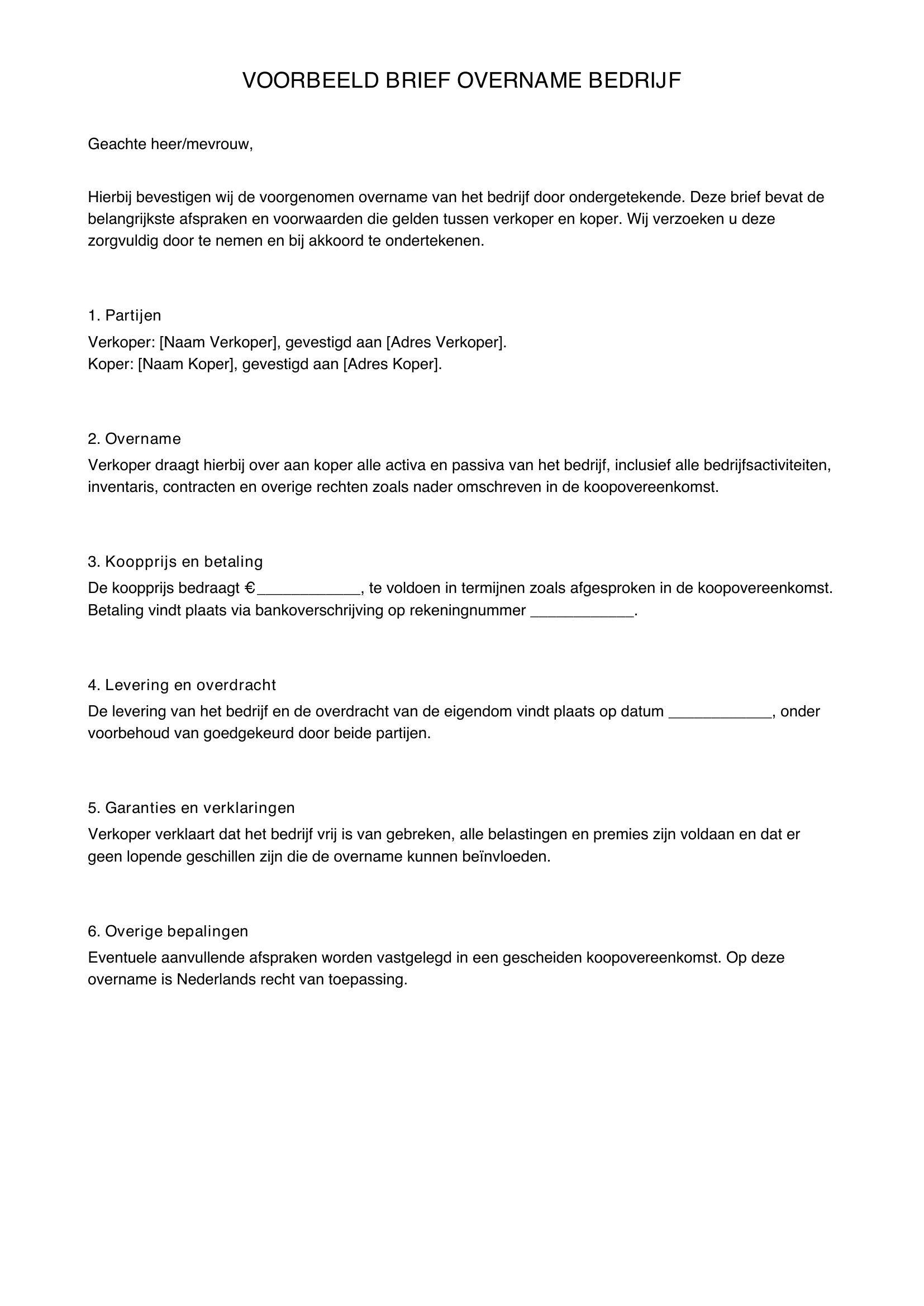 Voorbeeld Brief Overname Bedrijf