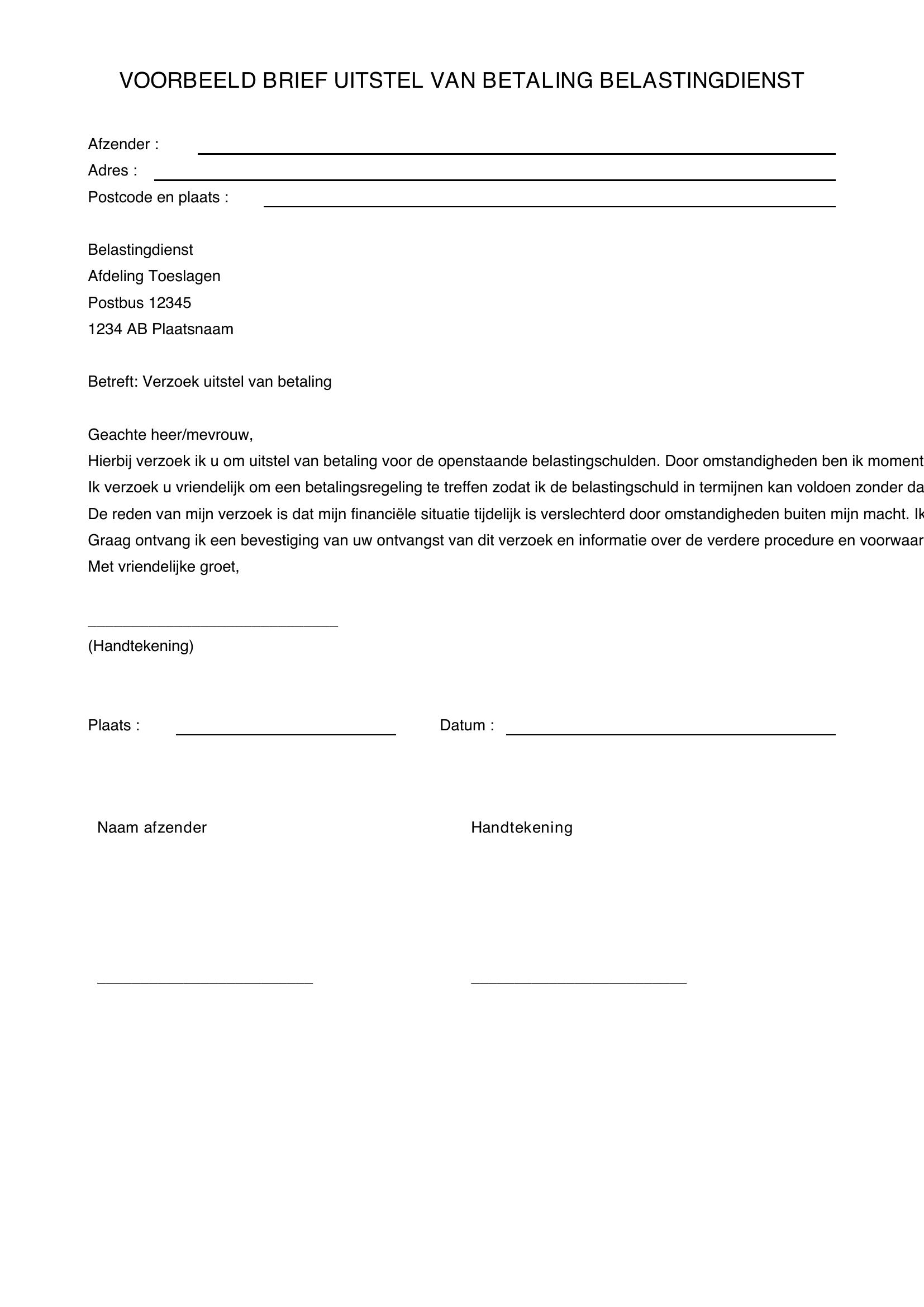 Voorbeeld Brief Uitstel Van Betaling Belastingdienst