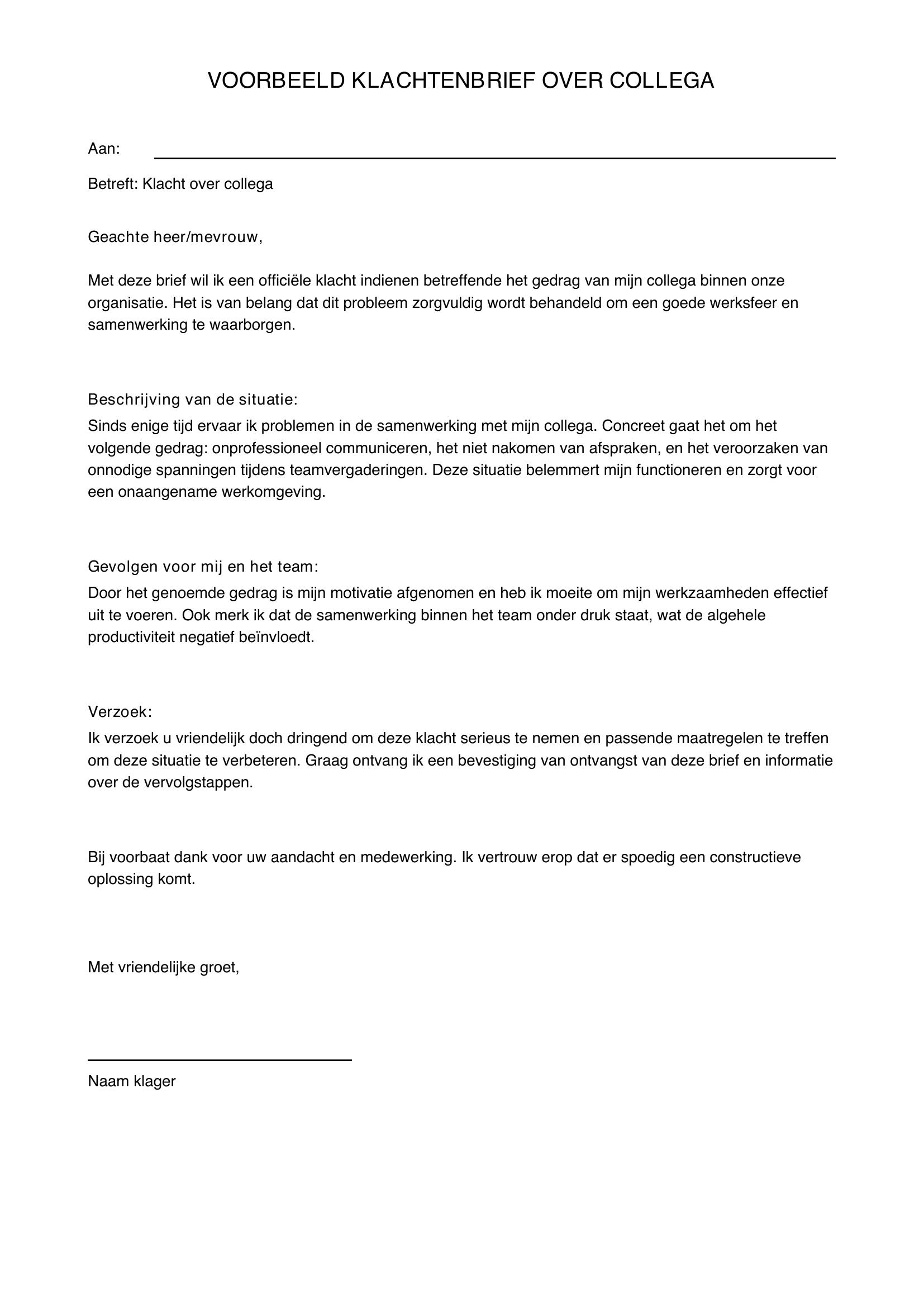 Voorbeeld Klachtenbrief Over Collega