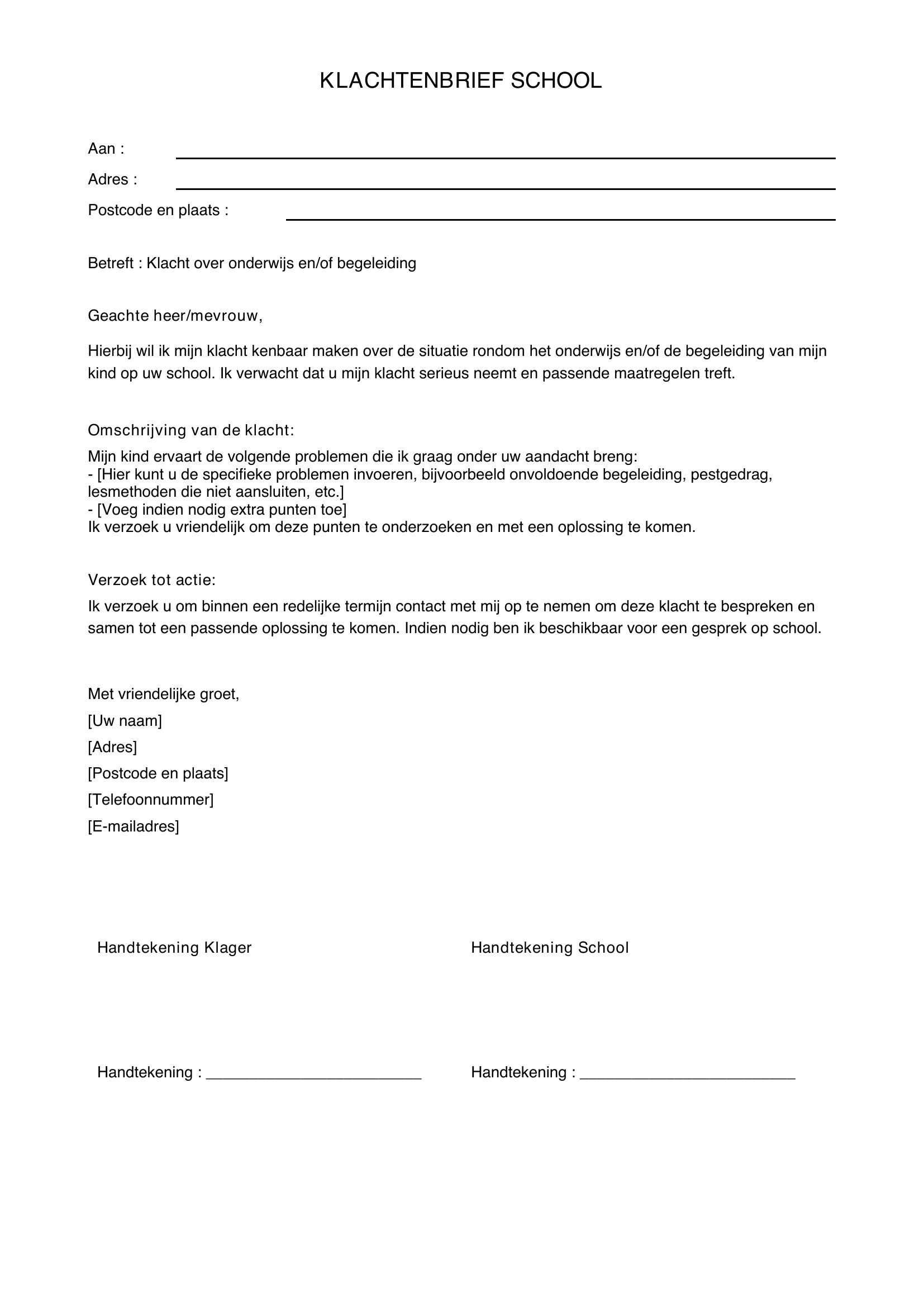 Voorbeeld Klachtenbrief School