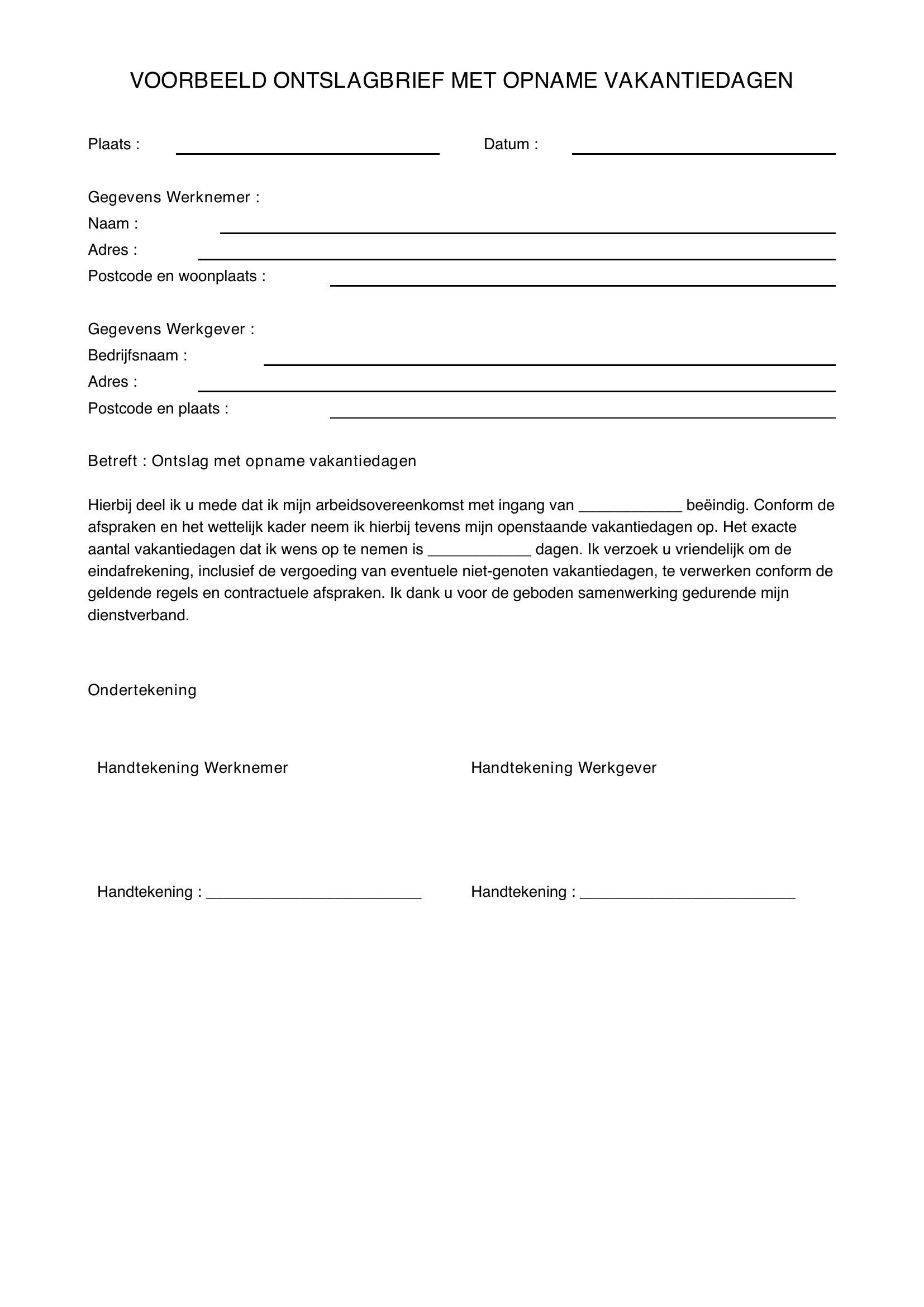 Voorbeeld Ontslagbrief Met Opname Vakantiedagen