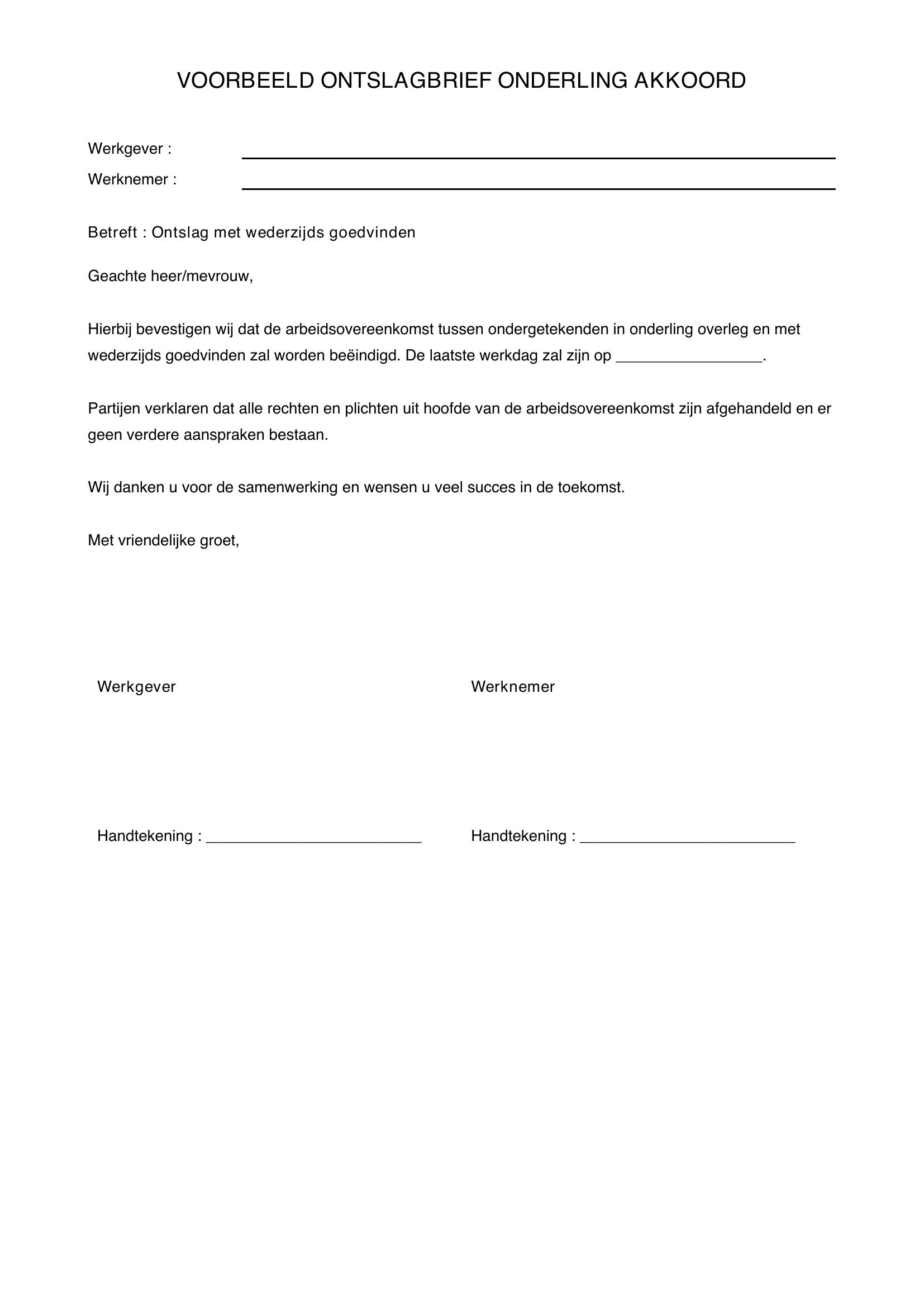 Voorbeeld Ontslagbrief Onderling Akkoord