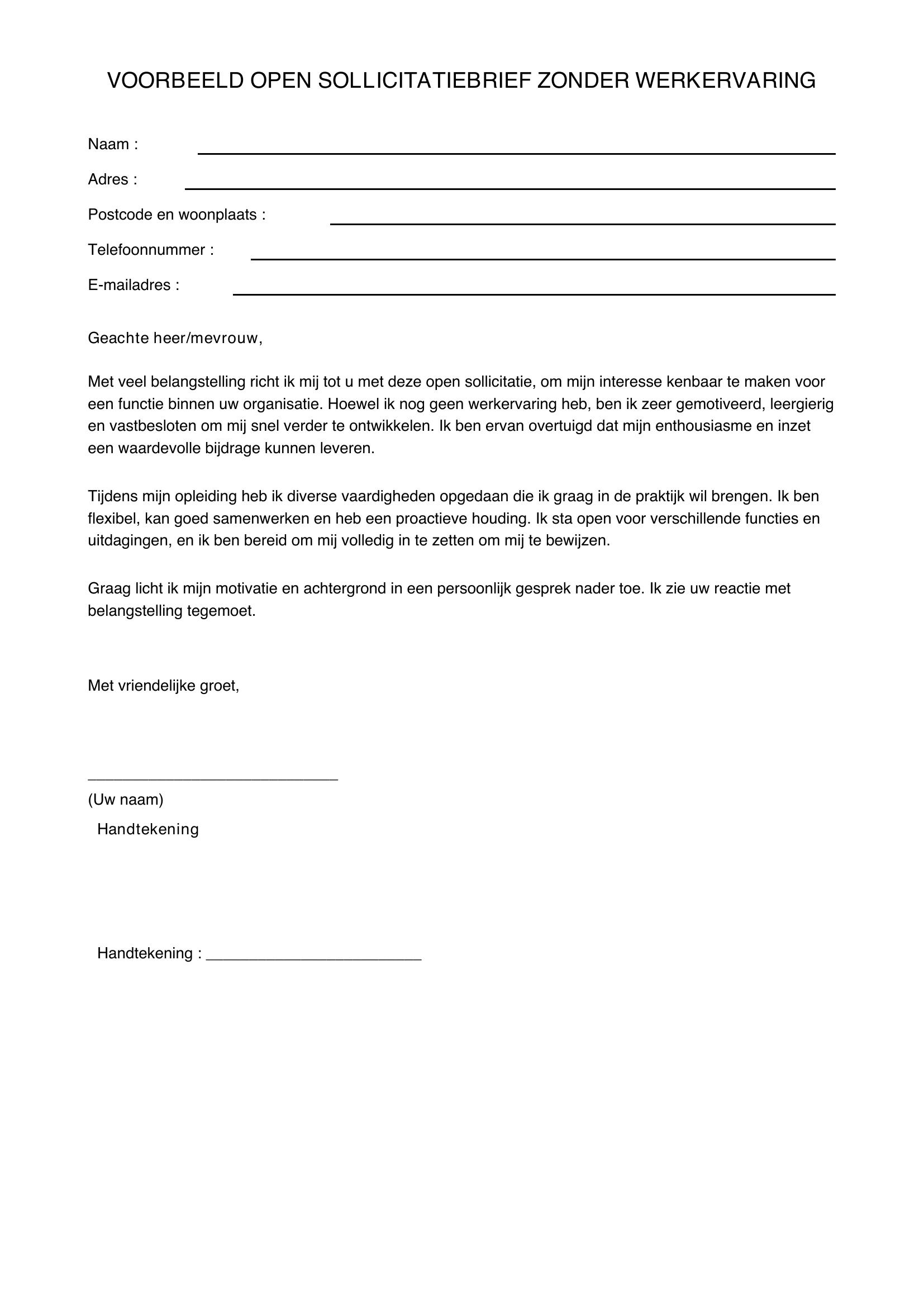 Voorbeeld Open Sollicitatiebrief Zonder Werkervaring