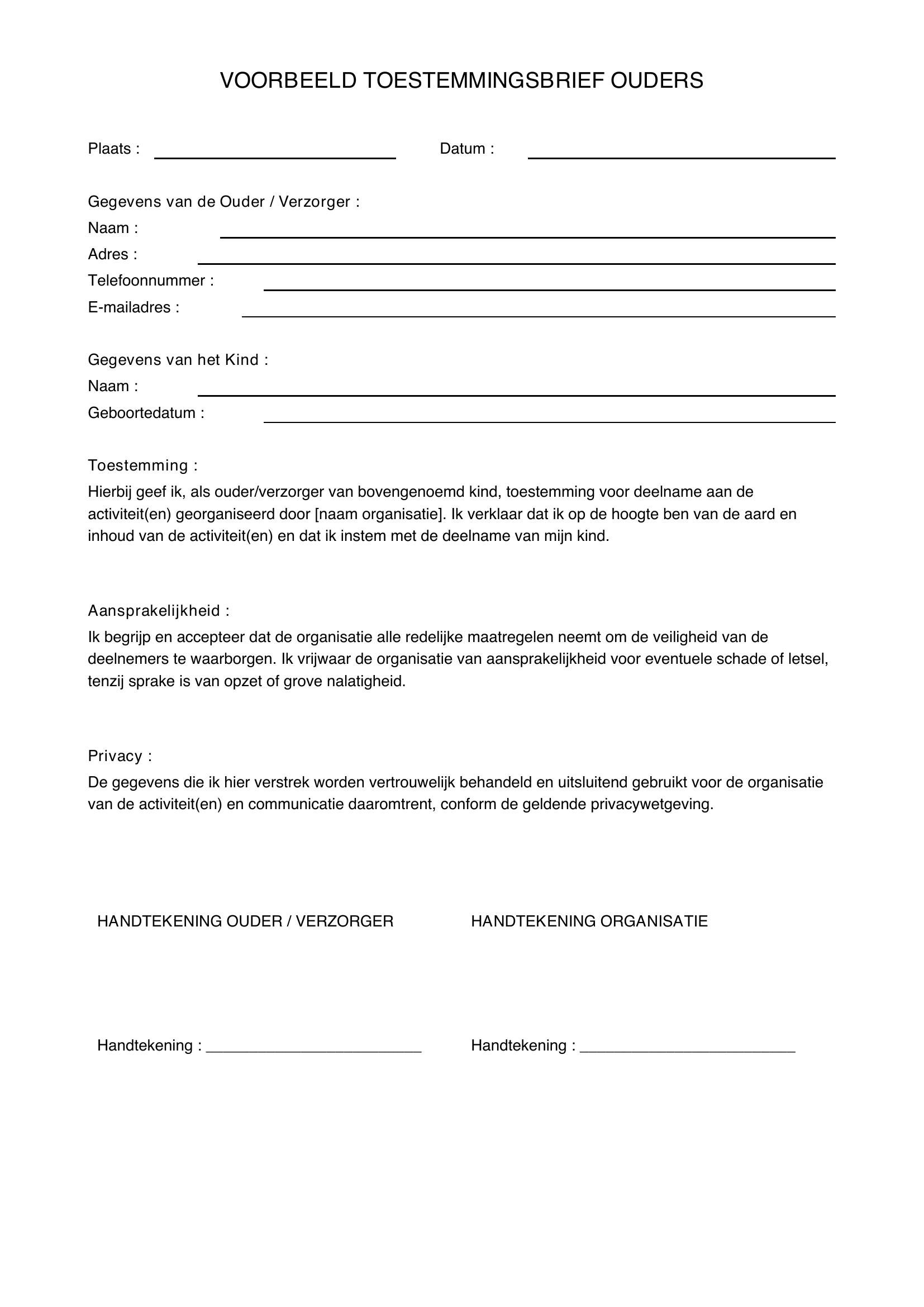 Voorbeeld Toestemmingsbrief Ouders