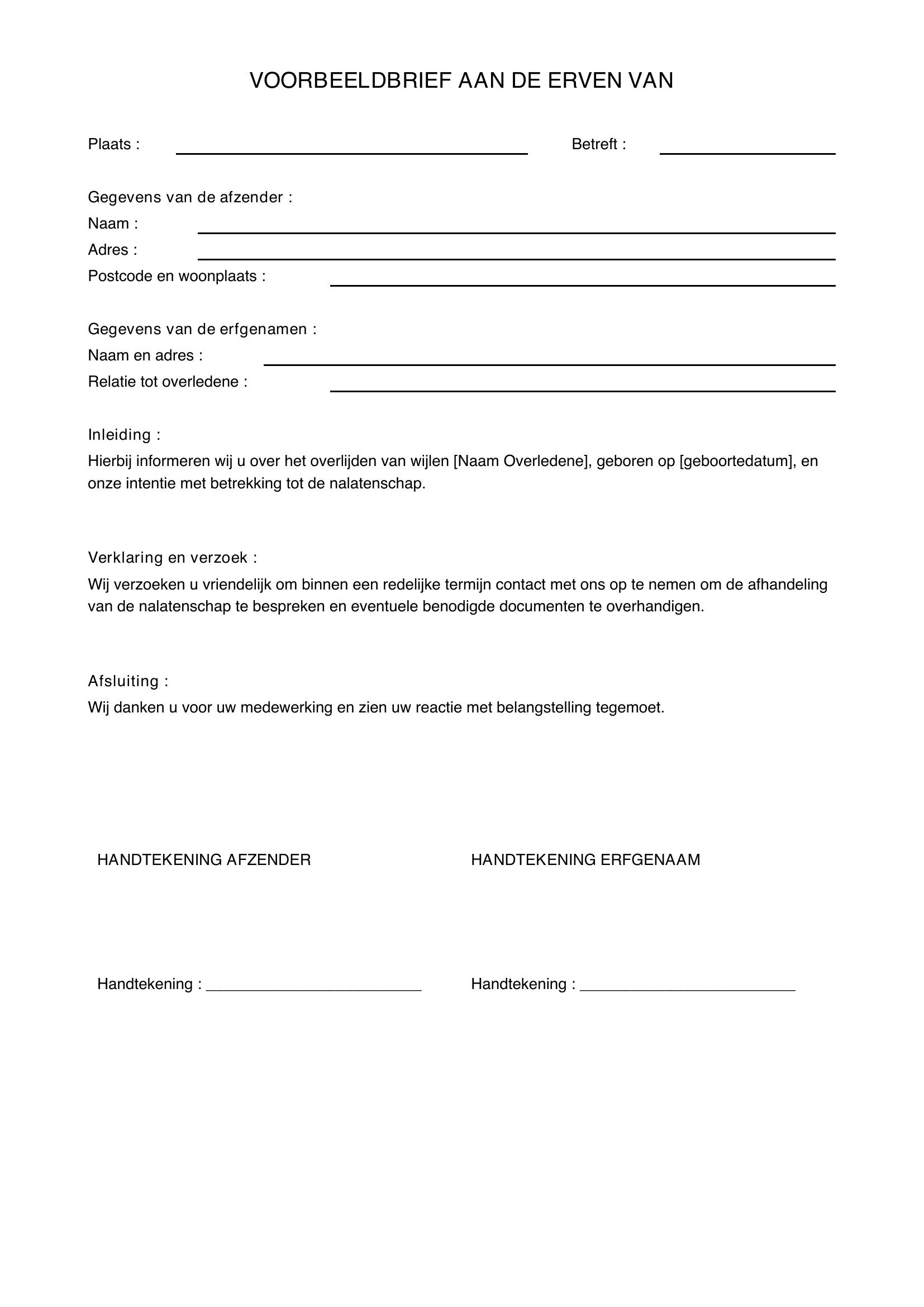 Voorbeeldbrief Aan De Erven Van
