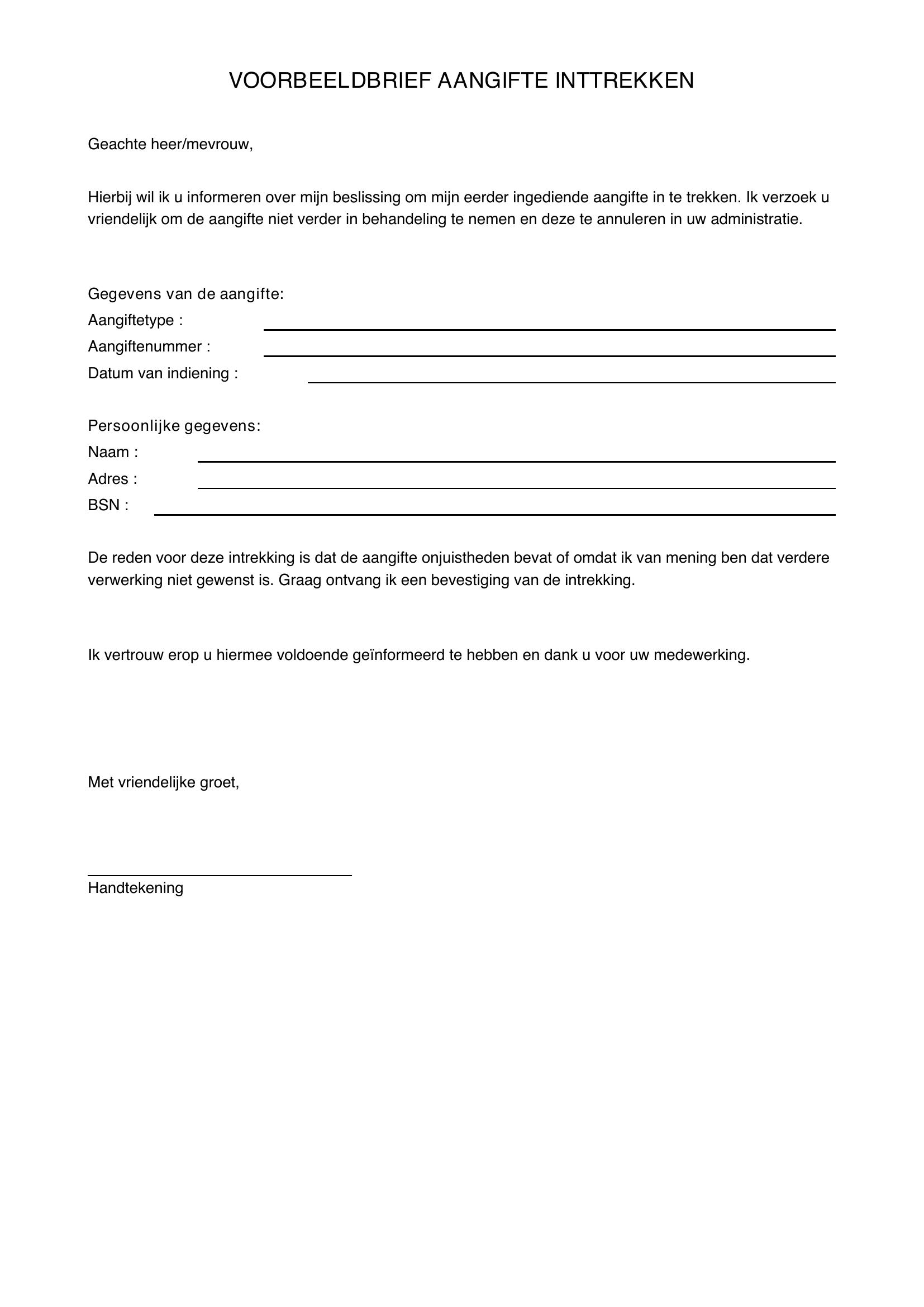 Voorbeeldbrief Aangifte Intrekken