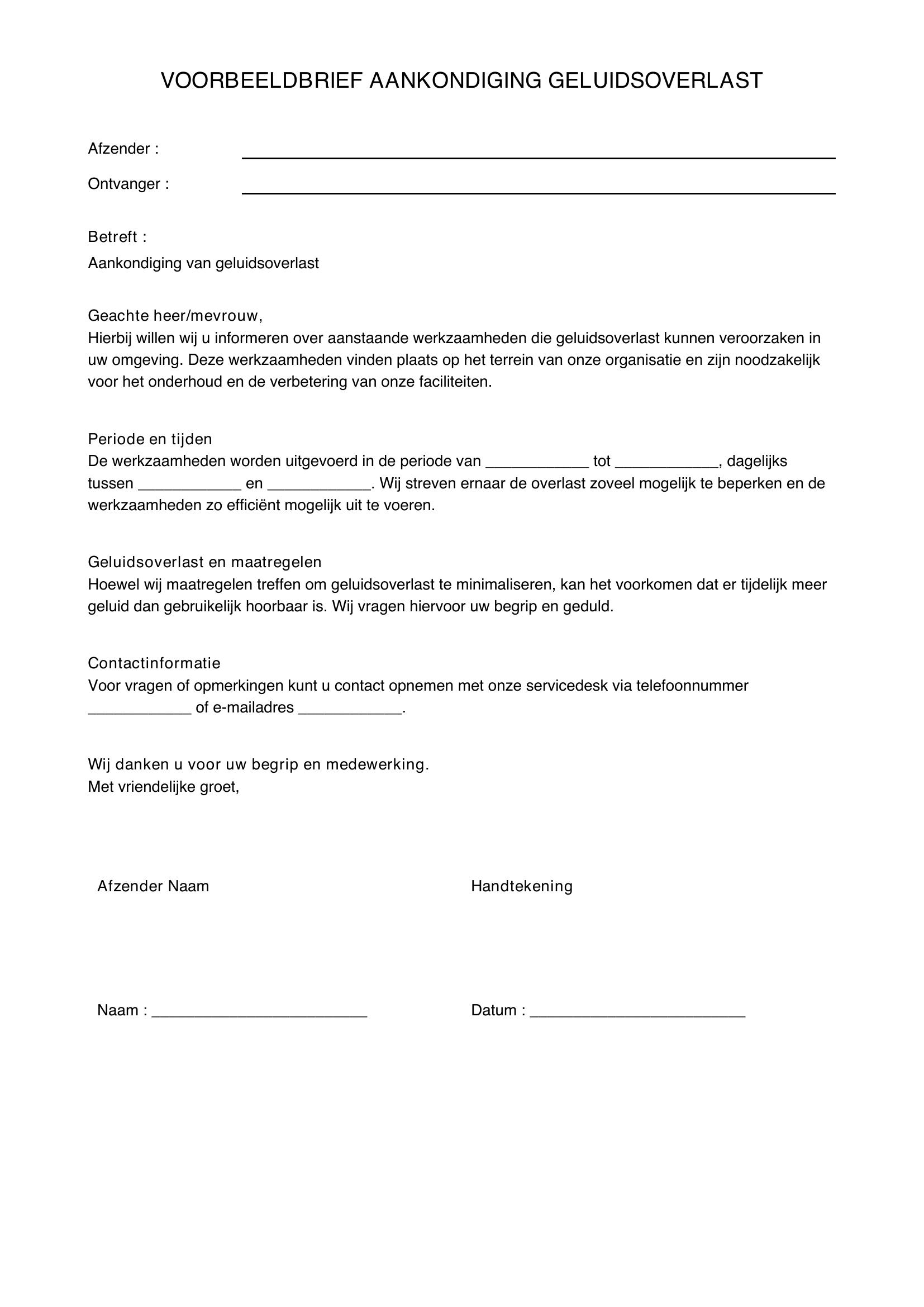 Voorbeeldbrief Aankondiging Geluidsoverlast