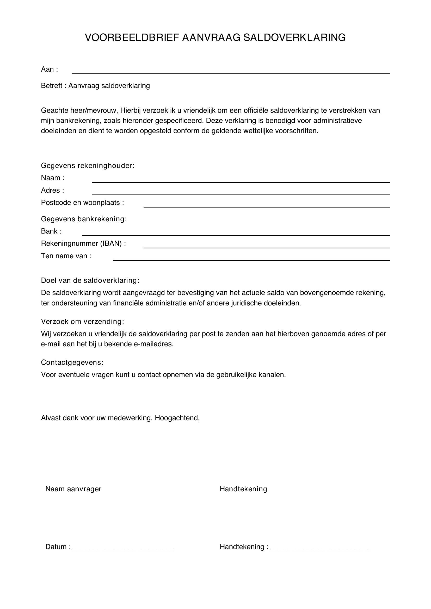 Voorbeeldbrief Aanvraag Saldoverklaring