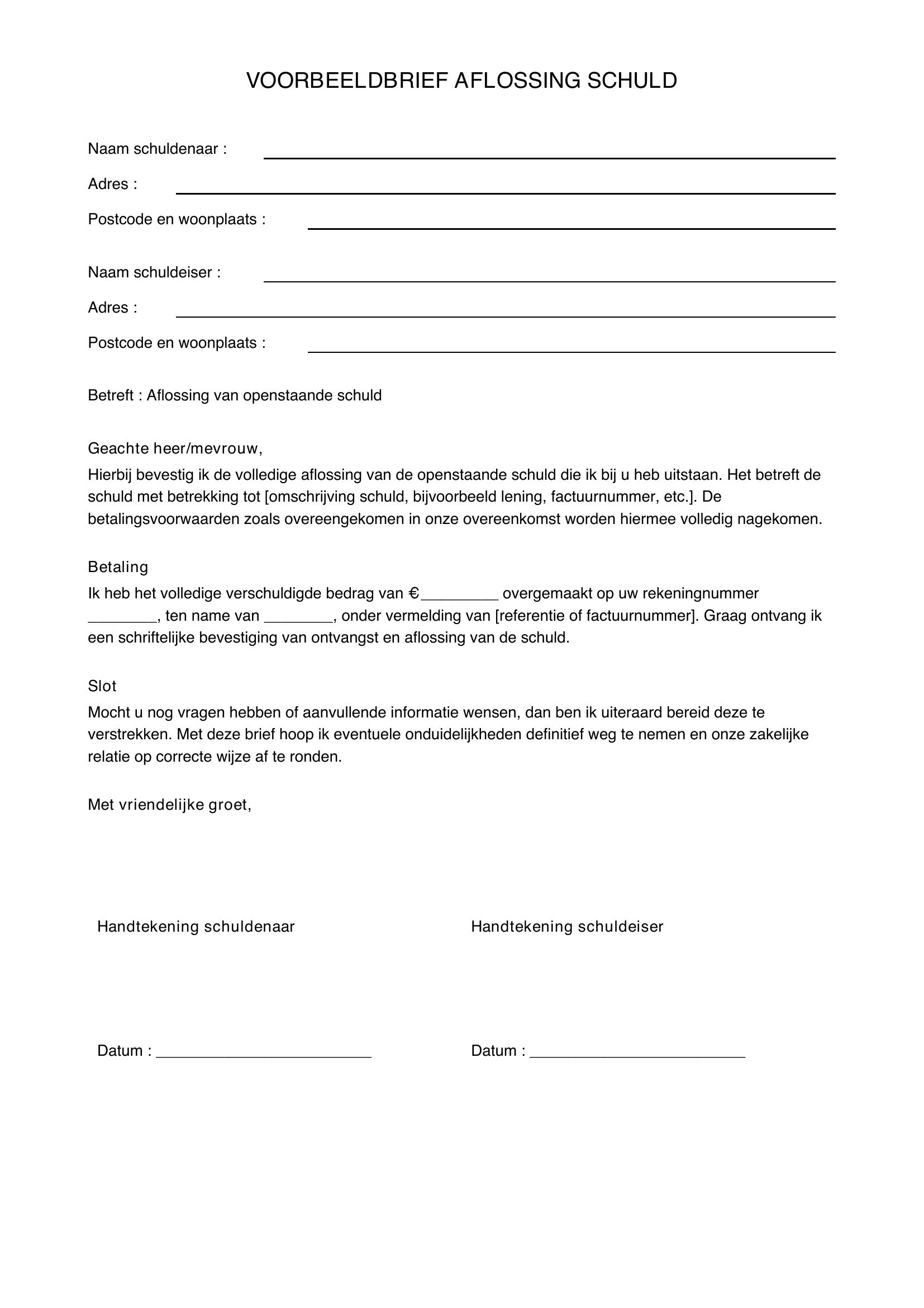 Voorbeeldbrief Aflossing Schuld