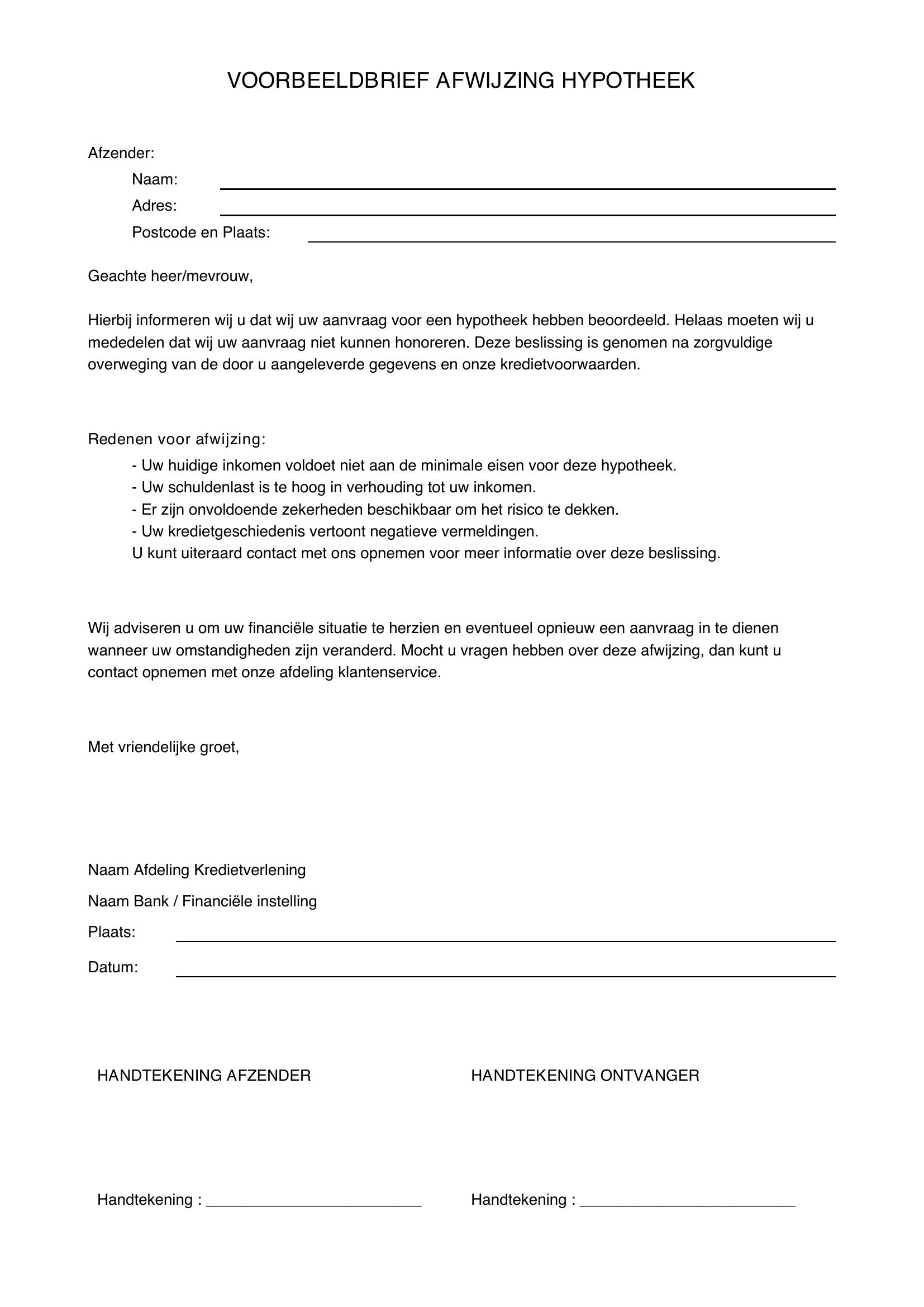 Voorbeeldbrief Afwijzing Hypotheek