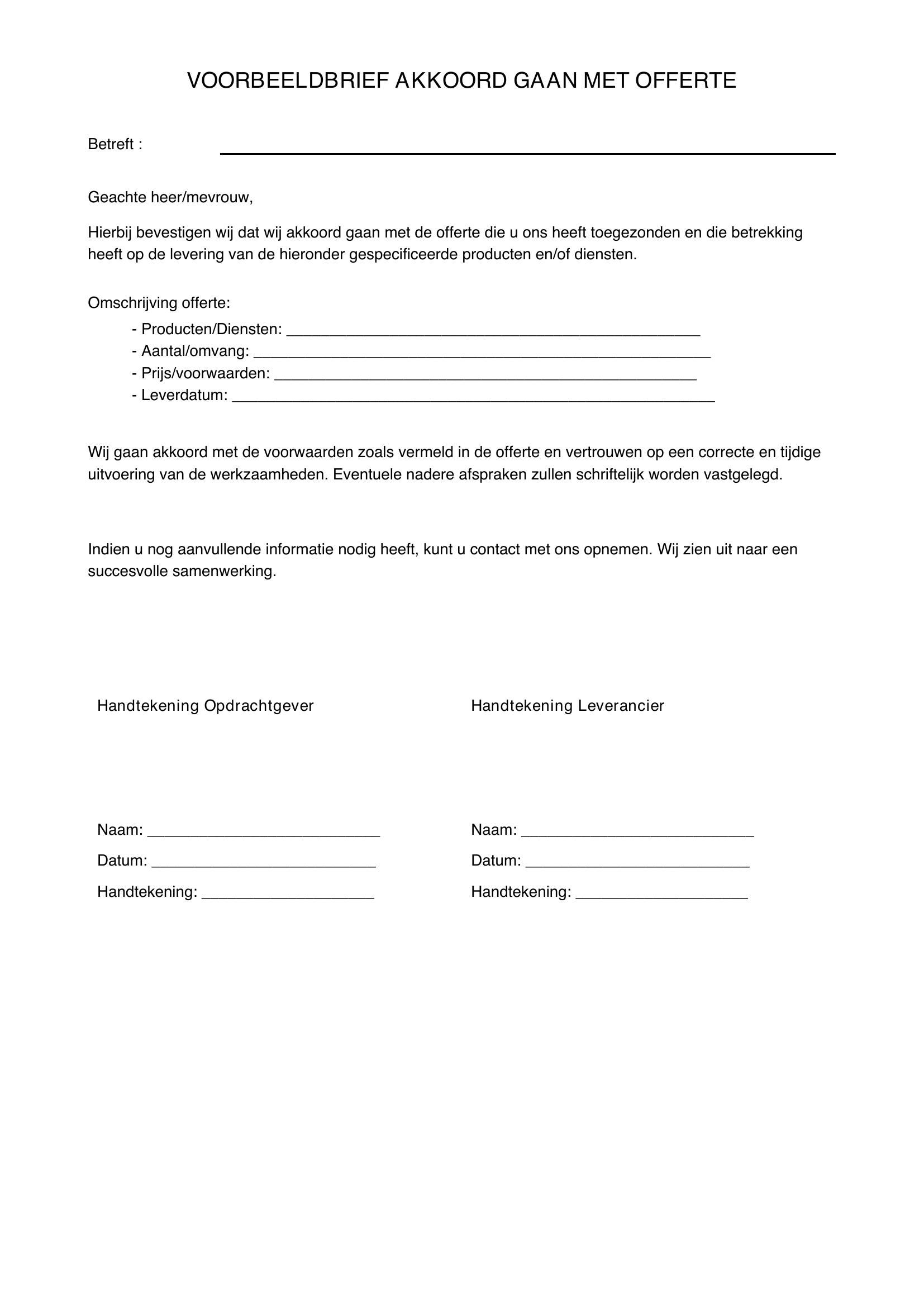 Voorbeeldbrief Akkoord Gaan Met Offerte