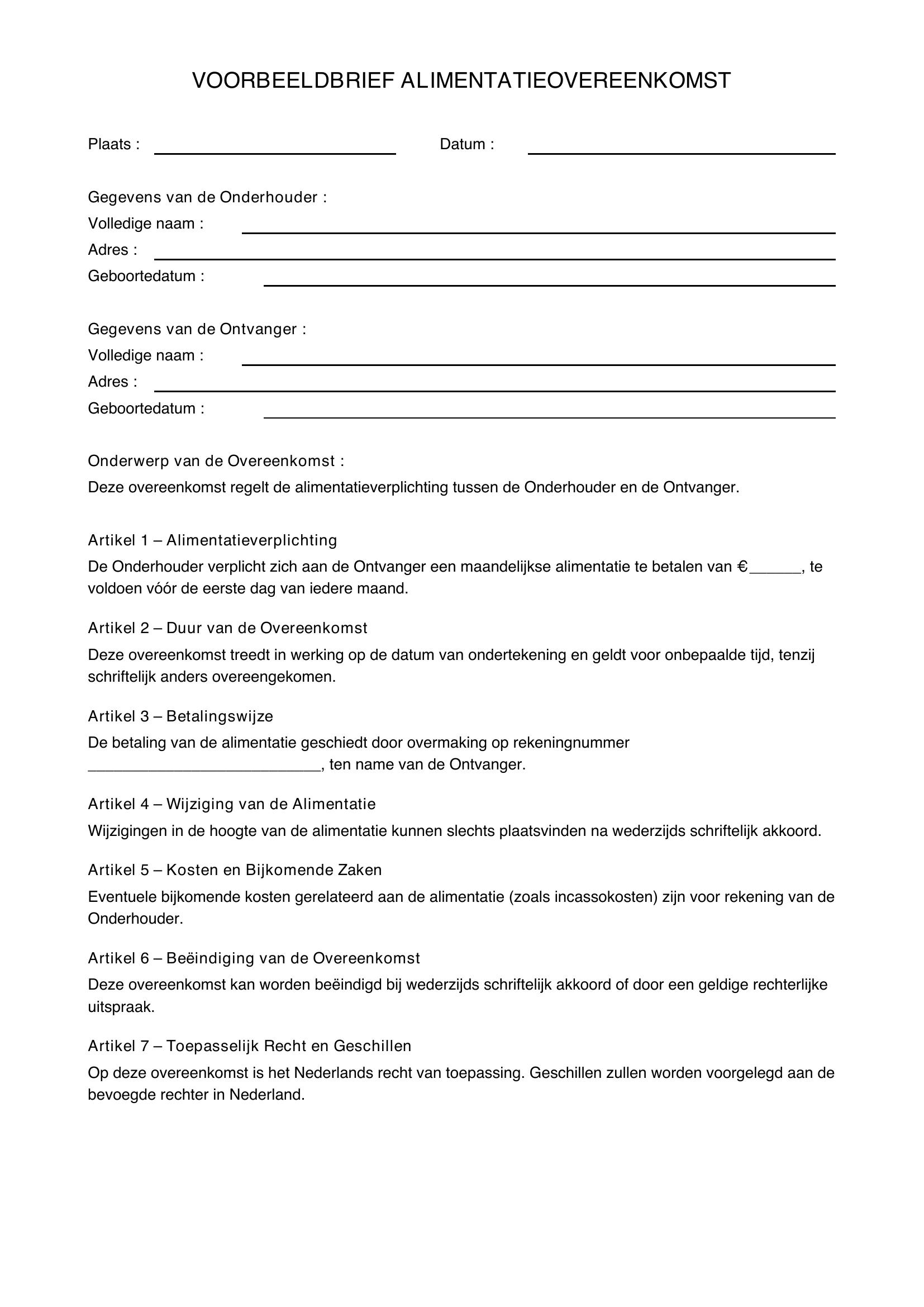 Voorbeeldbrief Alimentatie Overeenkomst