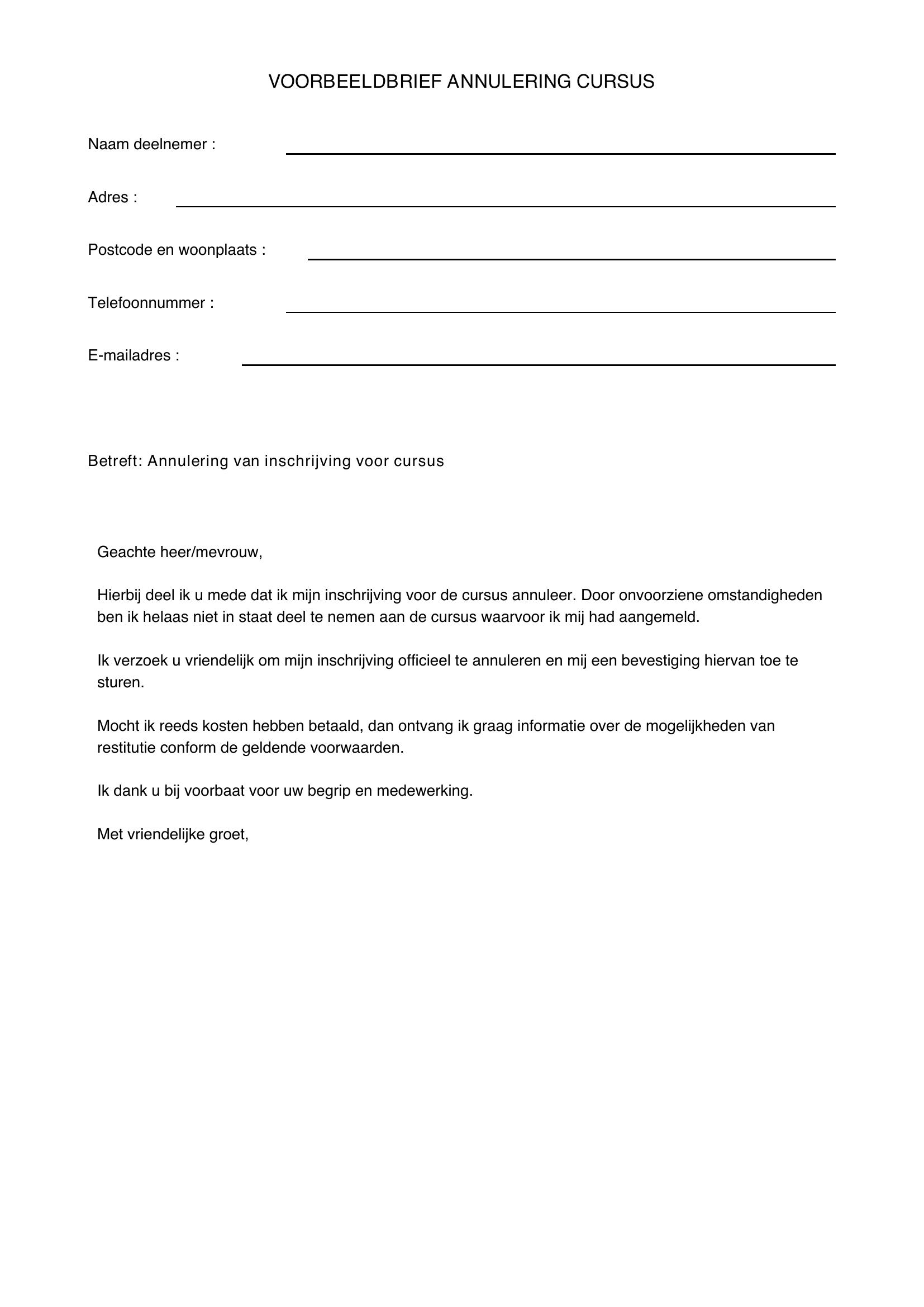 Voorbeeldbrief Annulering Cursus