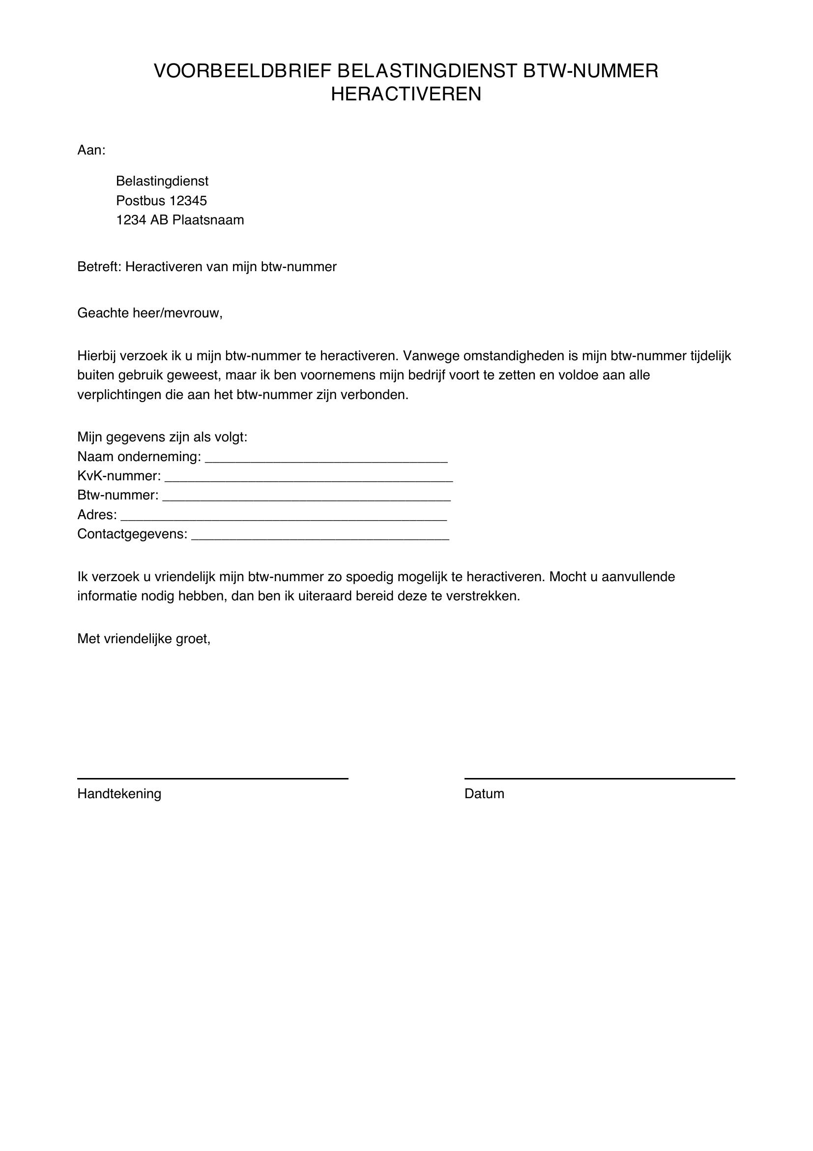 Voorbeeldbrief Belastingdienst Btw-Nummer Heractiveren