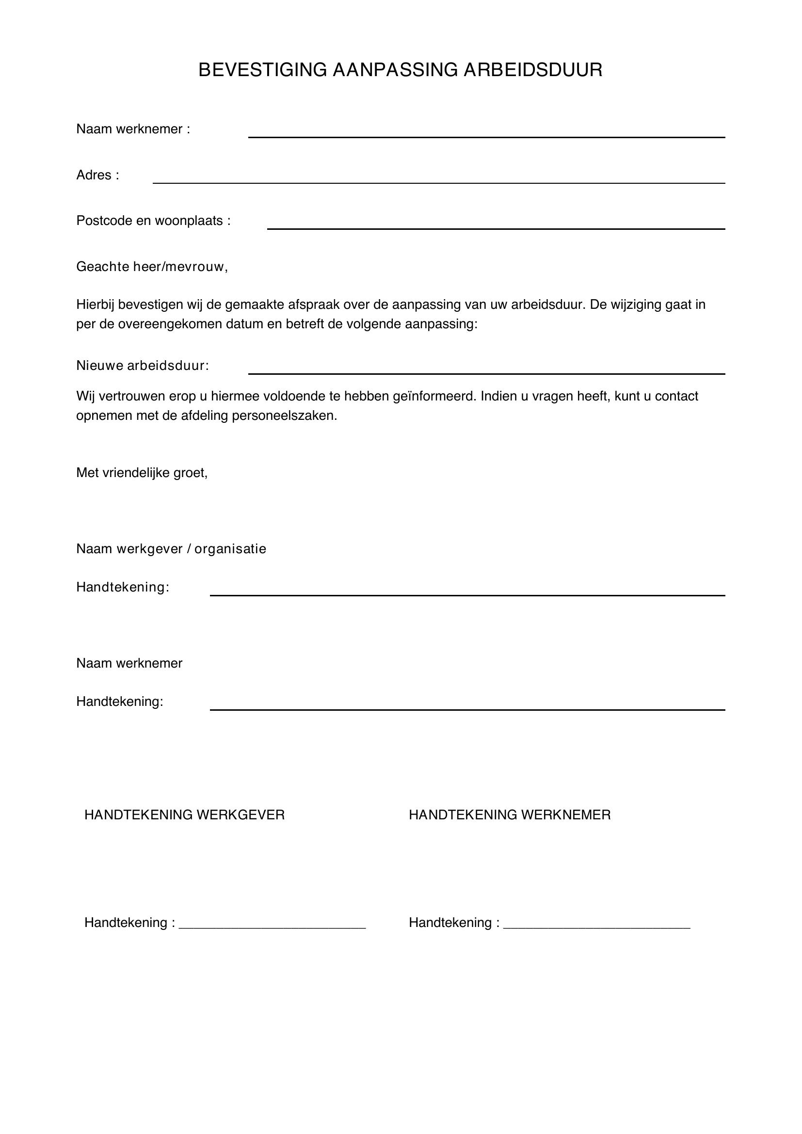 Voorbeeldbrief Bevestiging Aanpassing Arbeidsduur