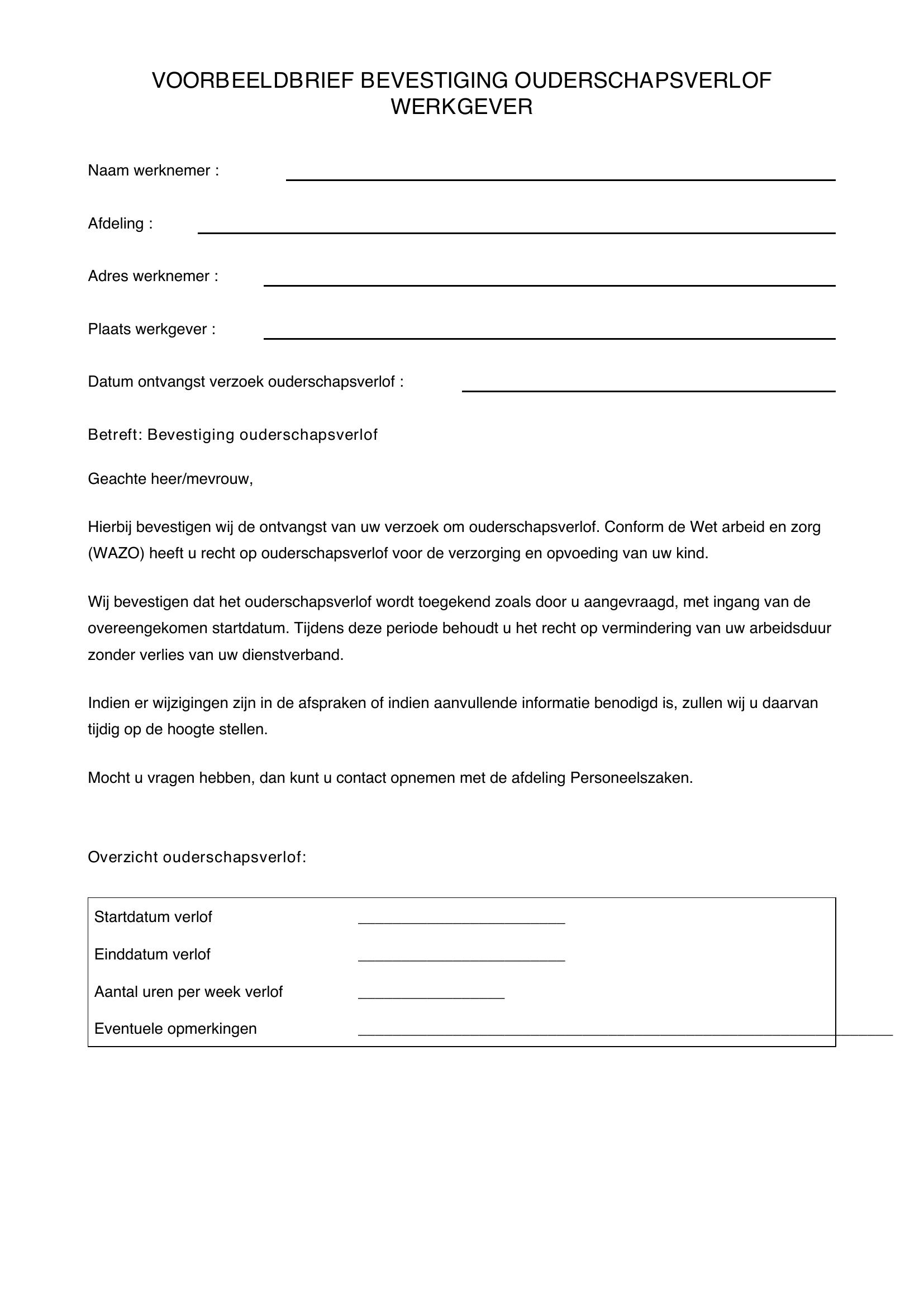 Voorbeeldbrief Bevestiging Ouderschapsverlof Werkgever