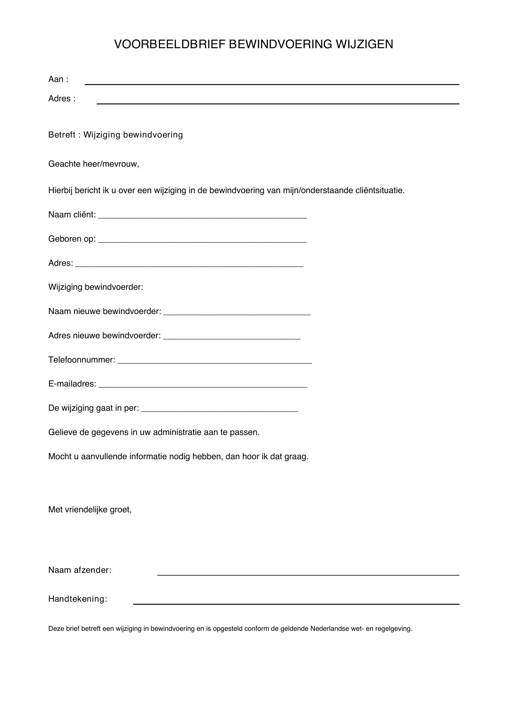 Voorbeeldbrief Bewindvoering Wijzigen