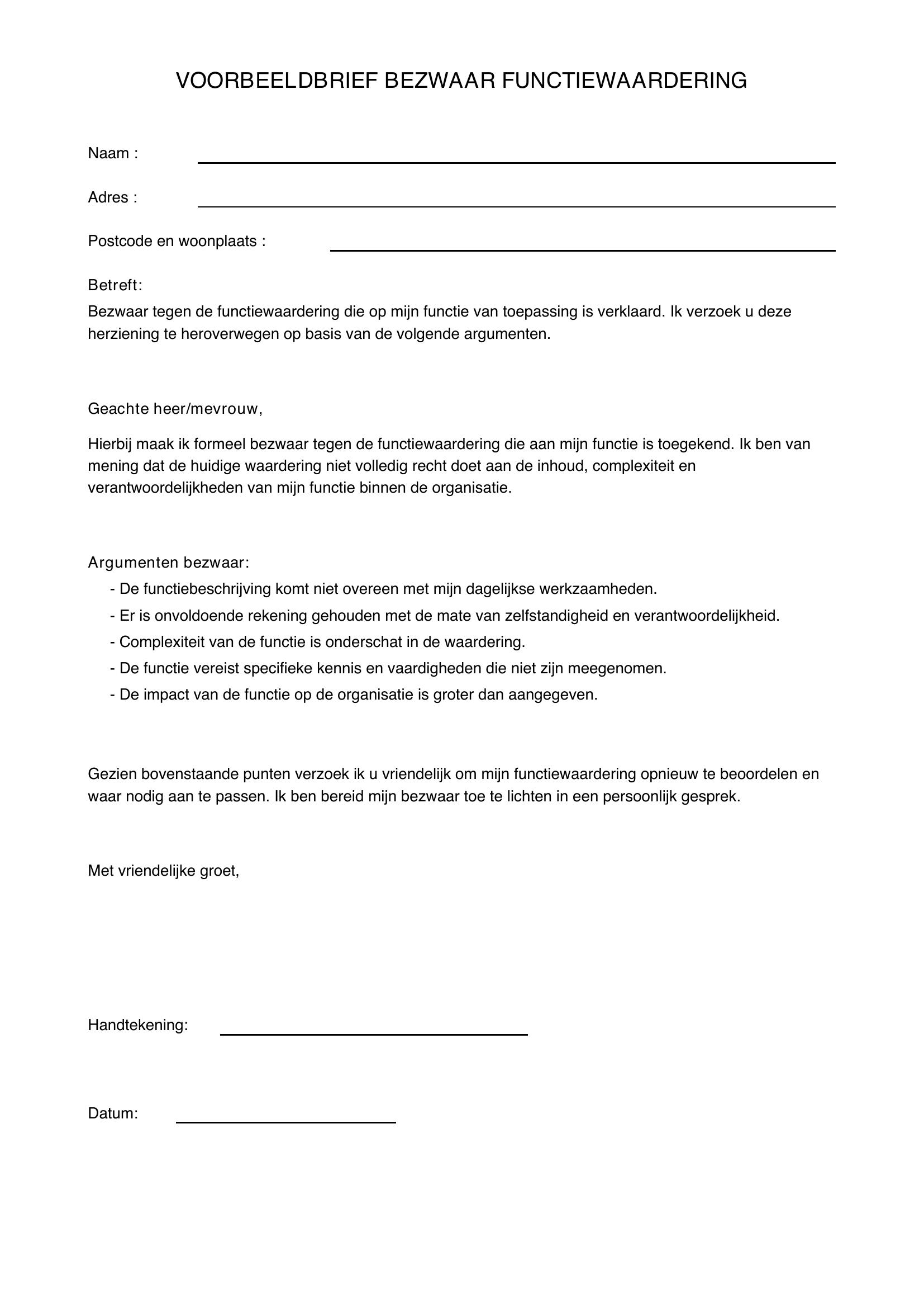 Voorbeeldbrief Bezwaar Functiewaardering