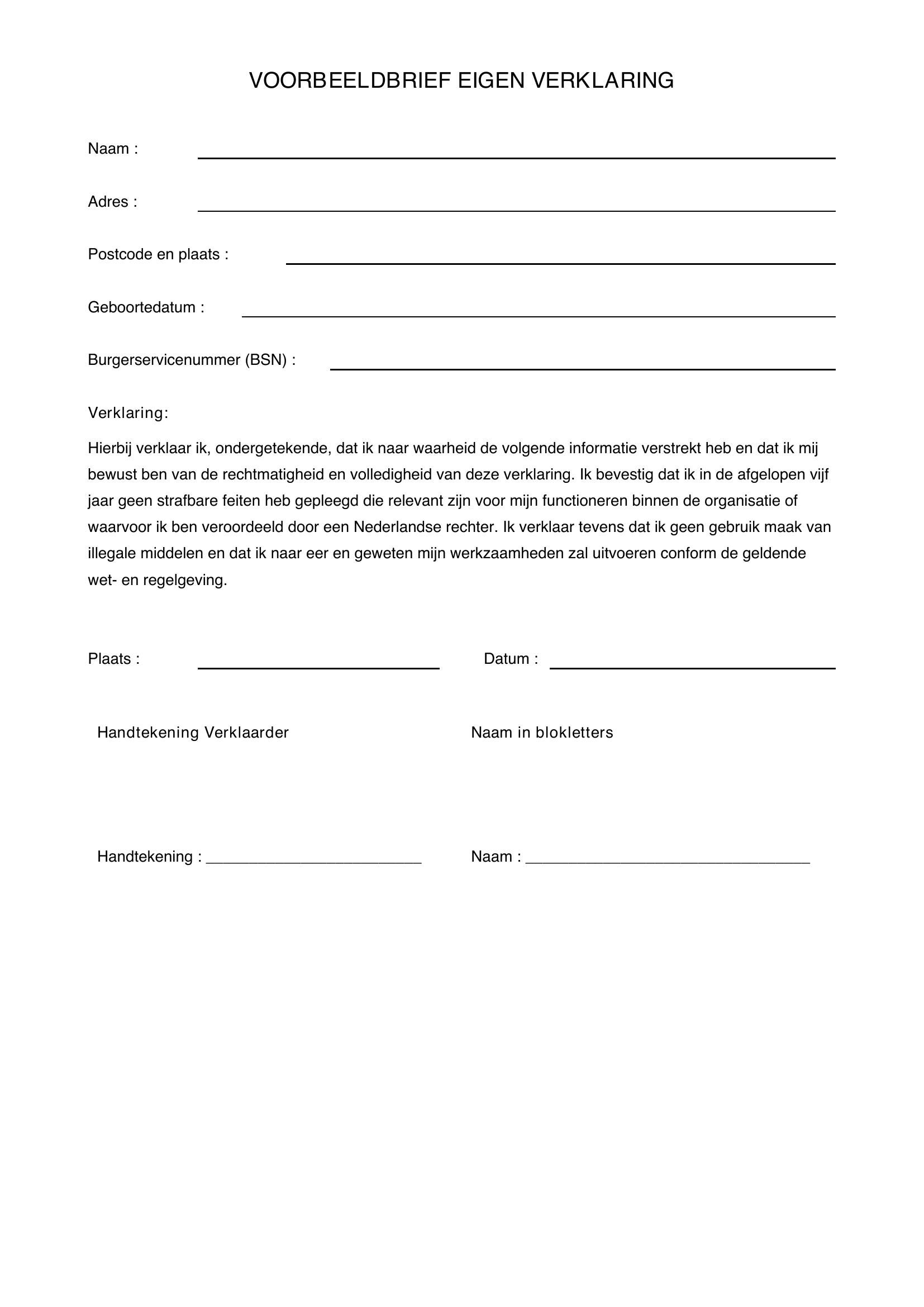 Voorbeeldbrief Eigen Verklaring