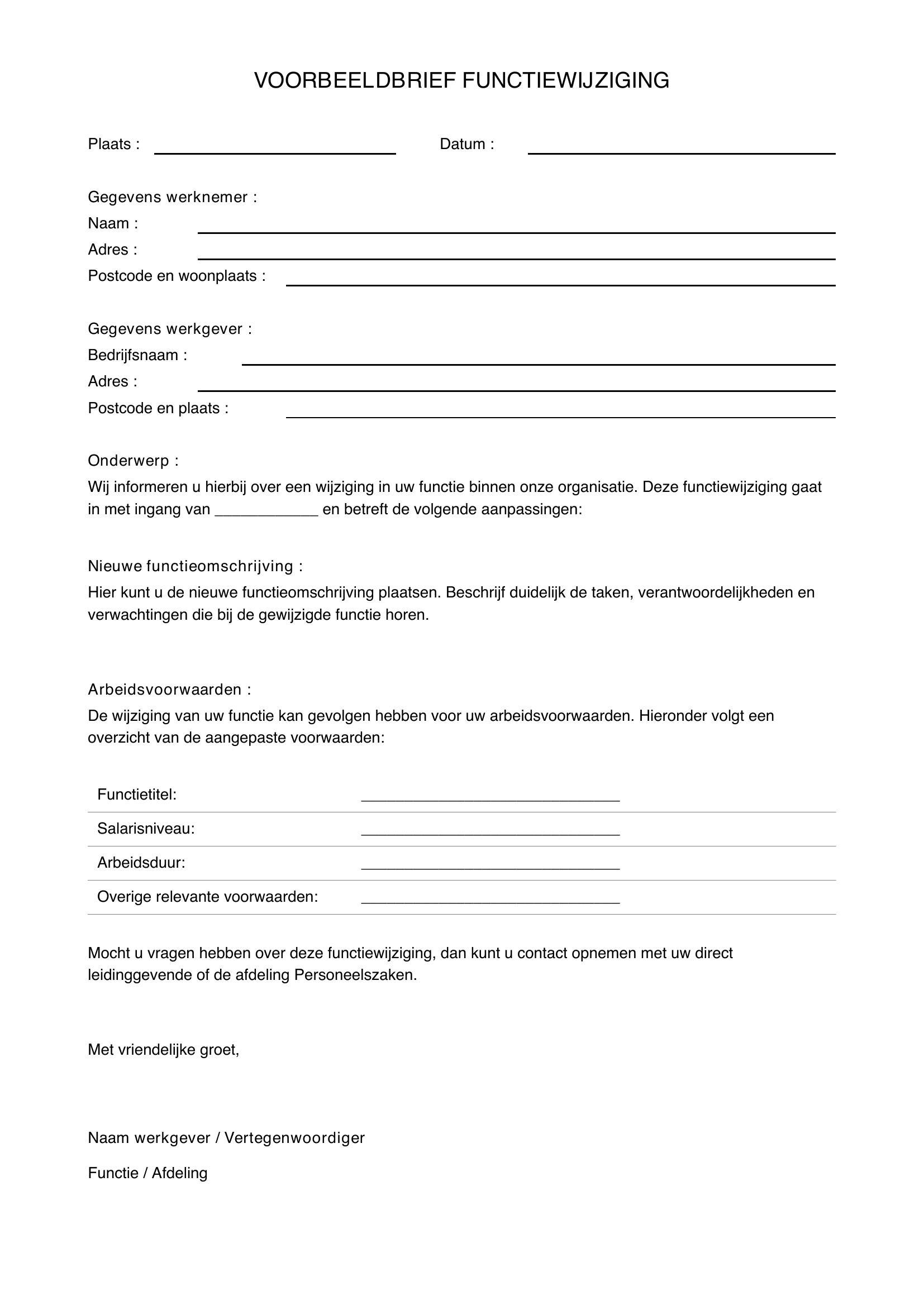 Voorbeeldbrief Functiewijziging