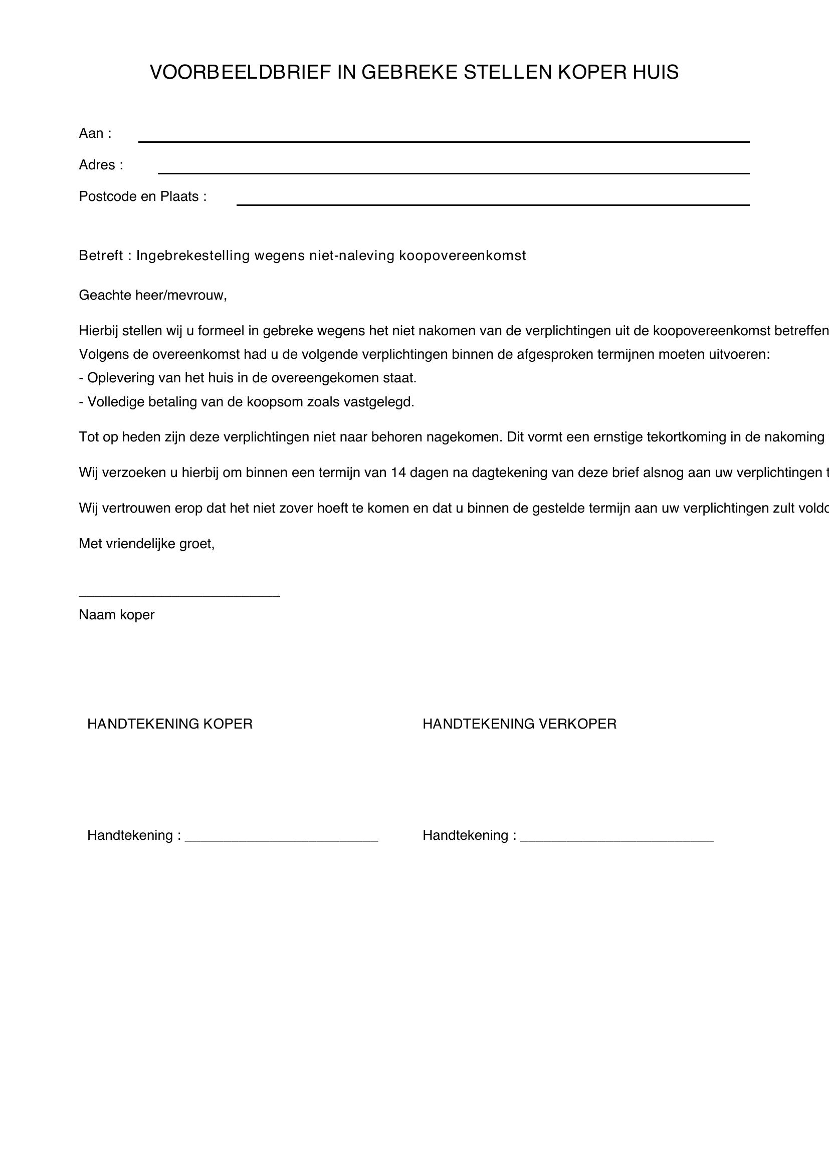 Voorbeeldbrief In Gebreke Stellen Koper Huis