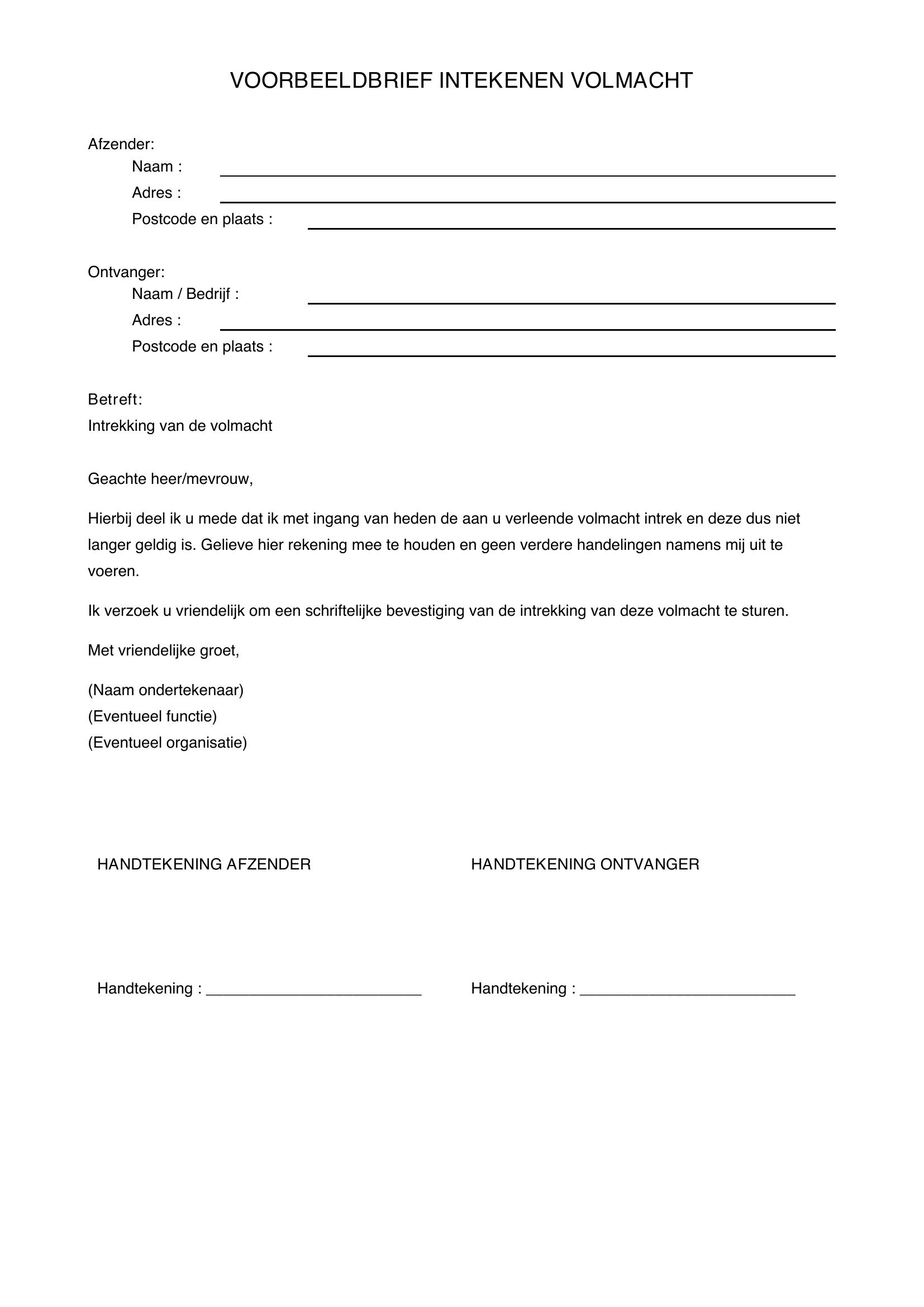 Voorbeeldbrief Intrekken Volmacht