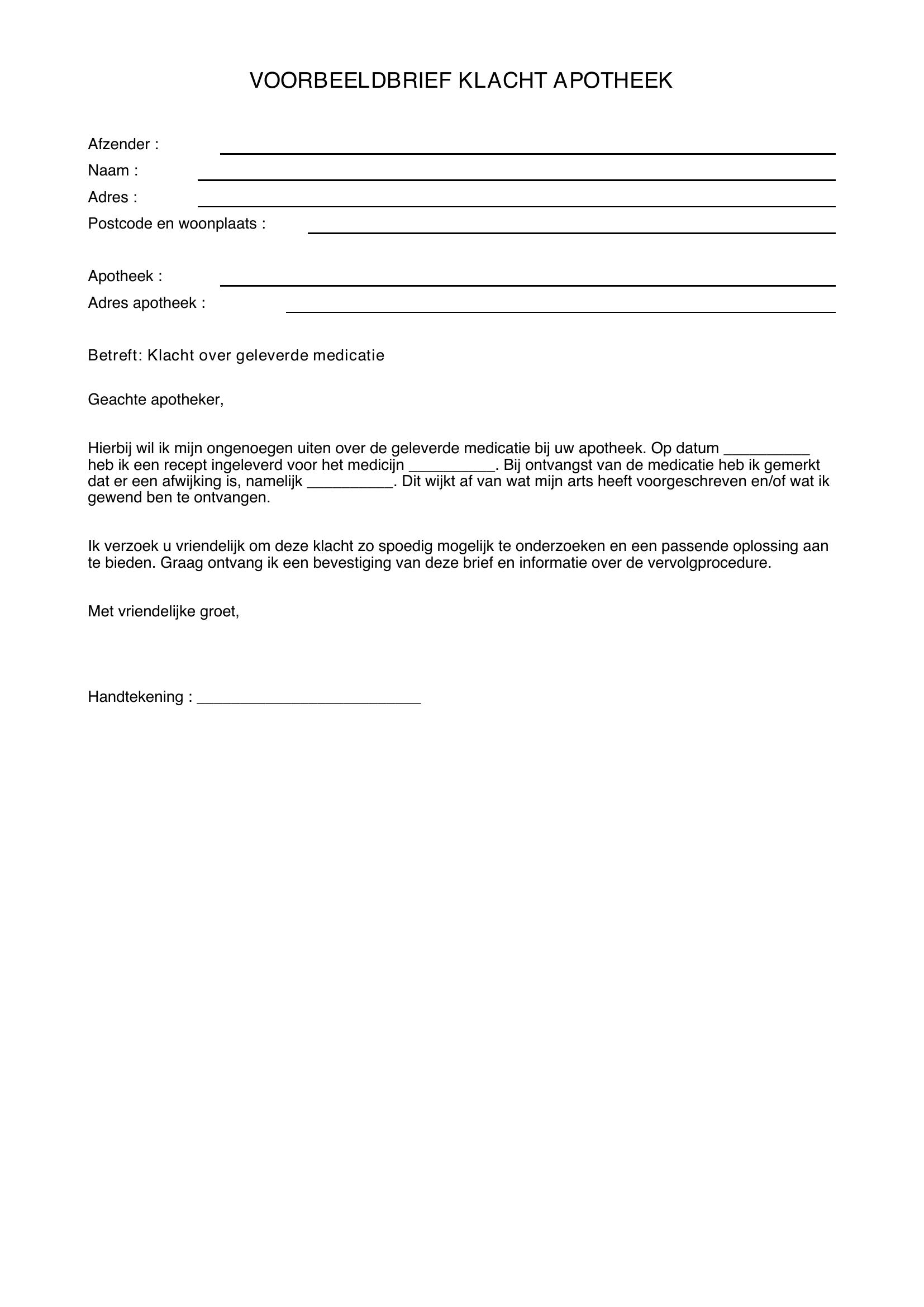 Voorbeeldbrief Klacht Apotheek
