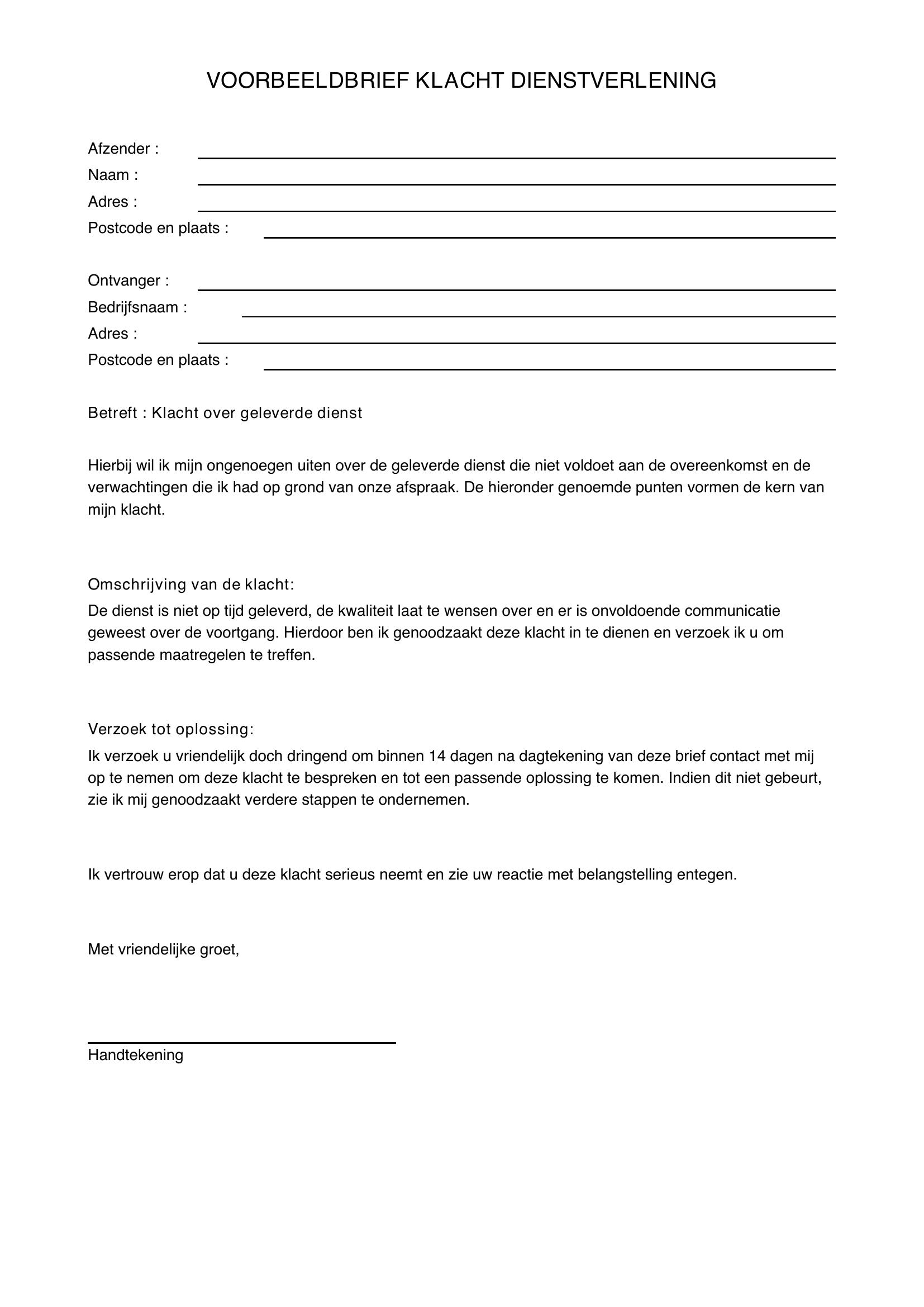 Voorbeeldbrief Klacht Dienstverlening