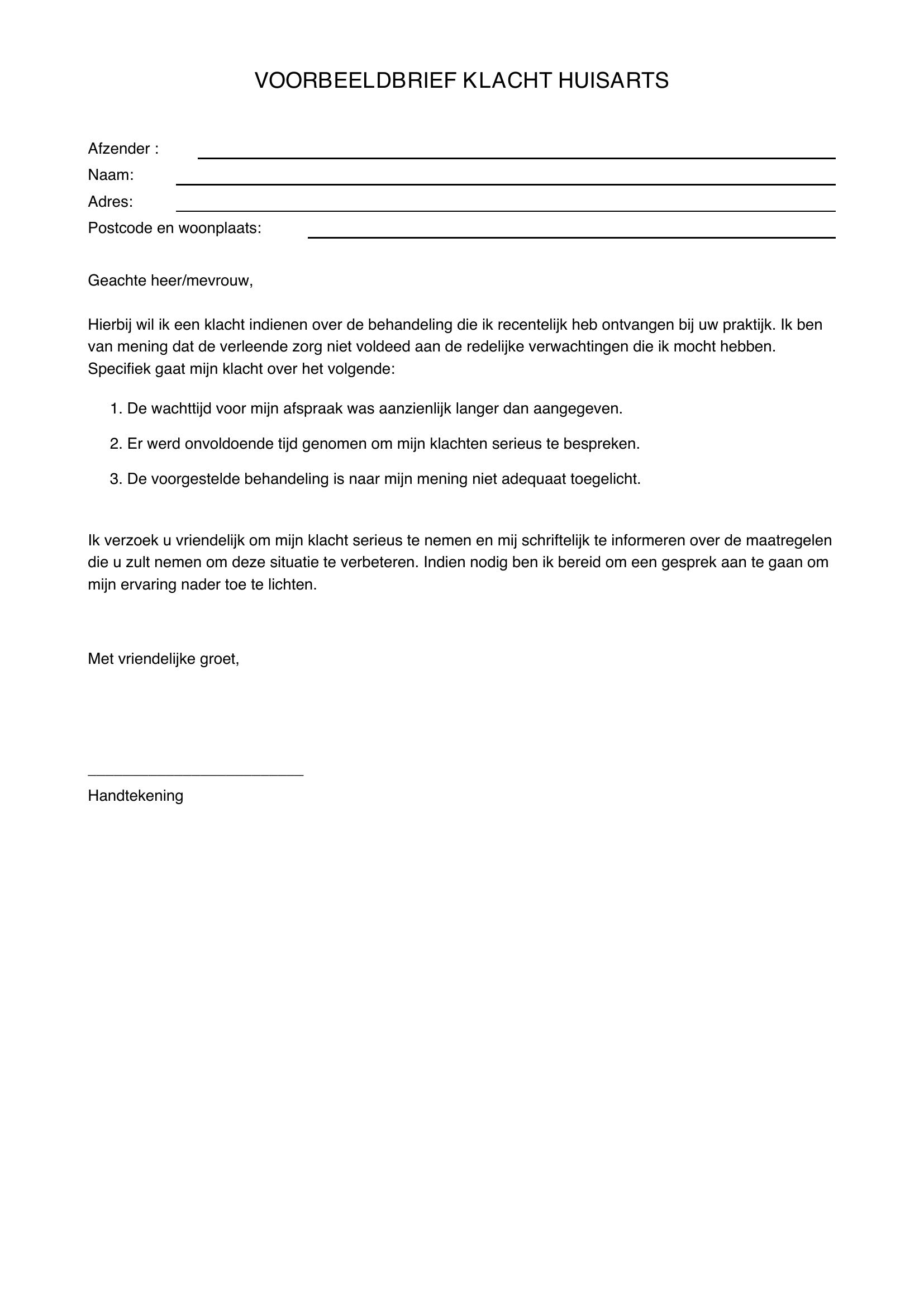 Voorbeeldbrief Klacht Huisarts