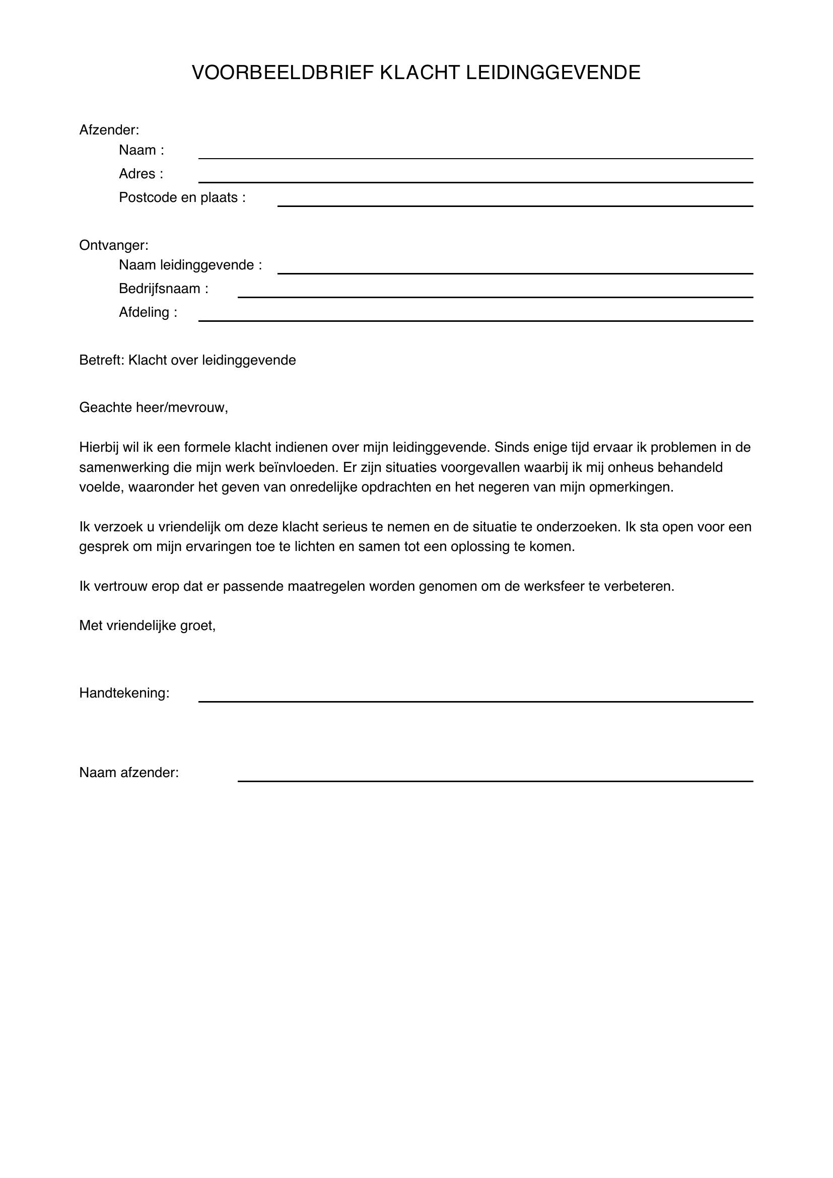 Voorbeeldbrief Klacht Leidinggevende